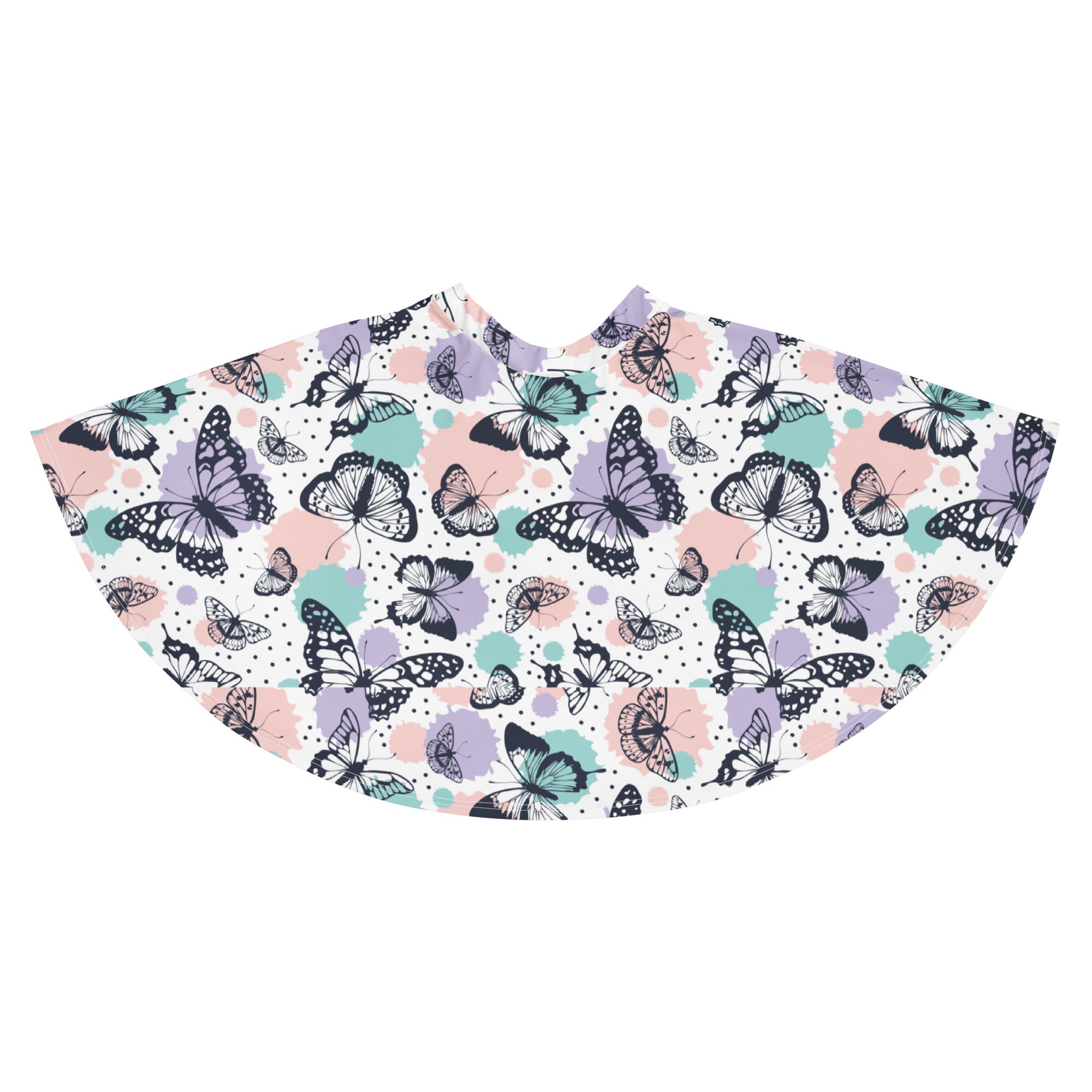 A white cape with black purple and teal butterfly pattern on pastel pink and green splotches for women