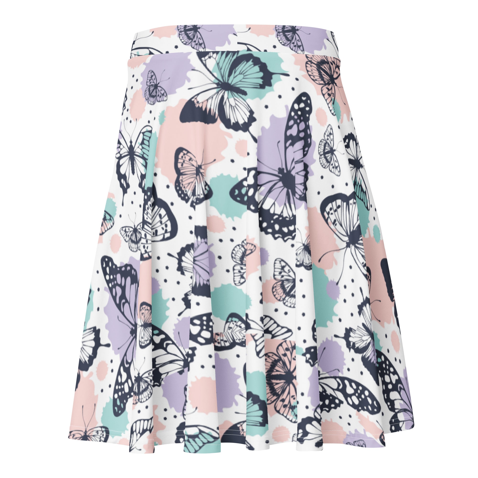 A pleated women’s pastel butterfly skater skirt in pink lavender and mint green with upf 50 plus recycled fabric