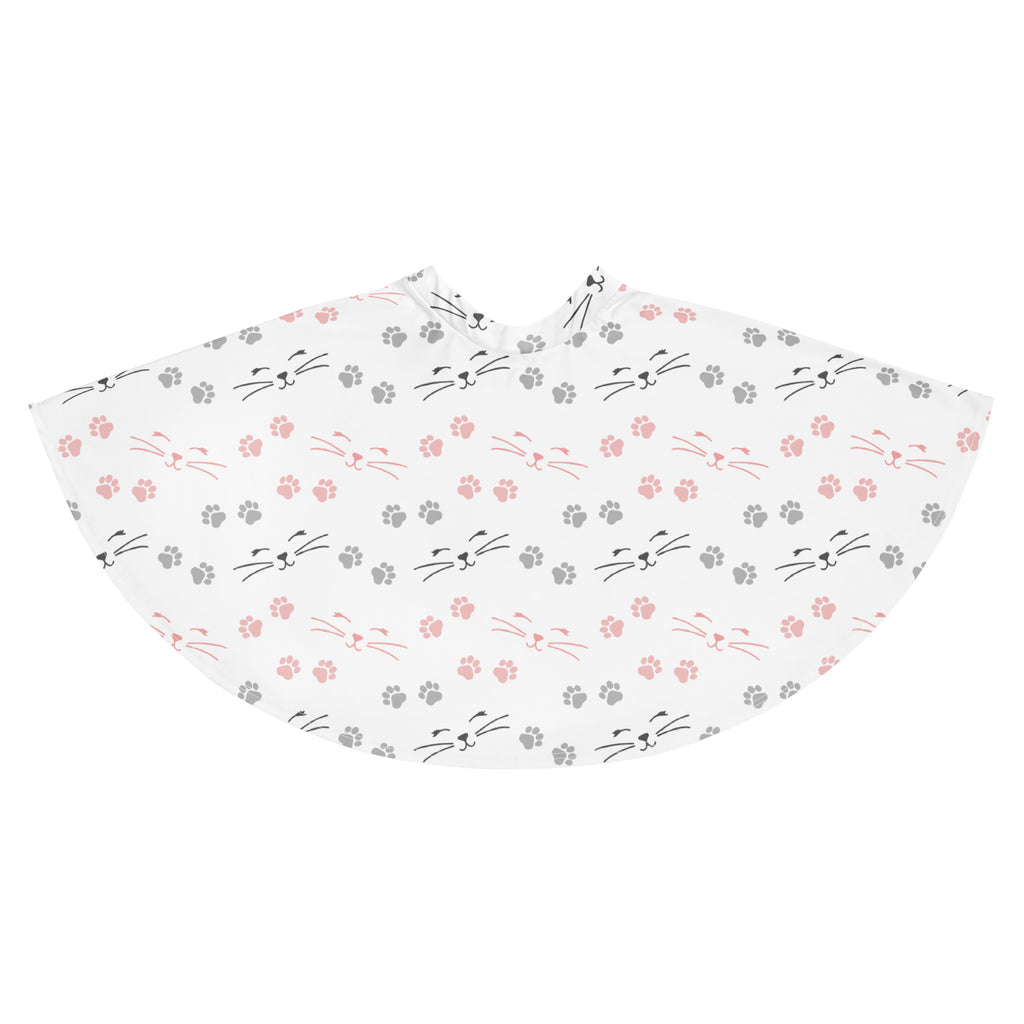 White women’s high waisted skater skirt with pink and gray cat faces and paw prints made from recycled fabric
