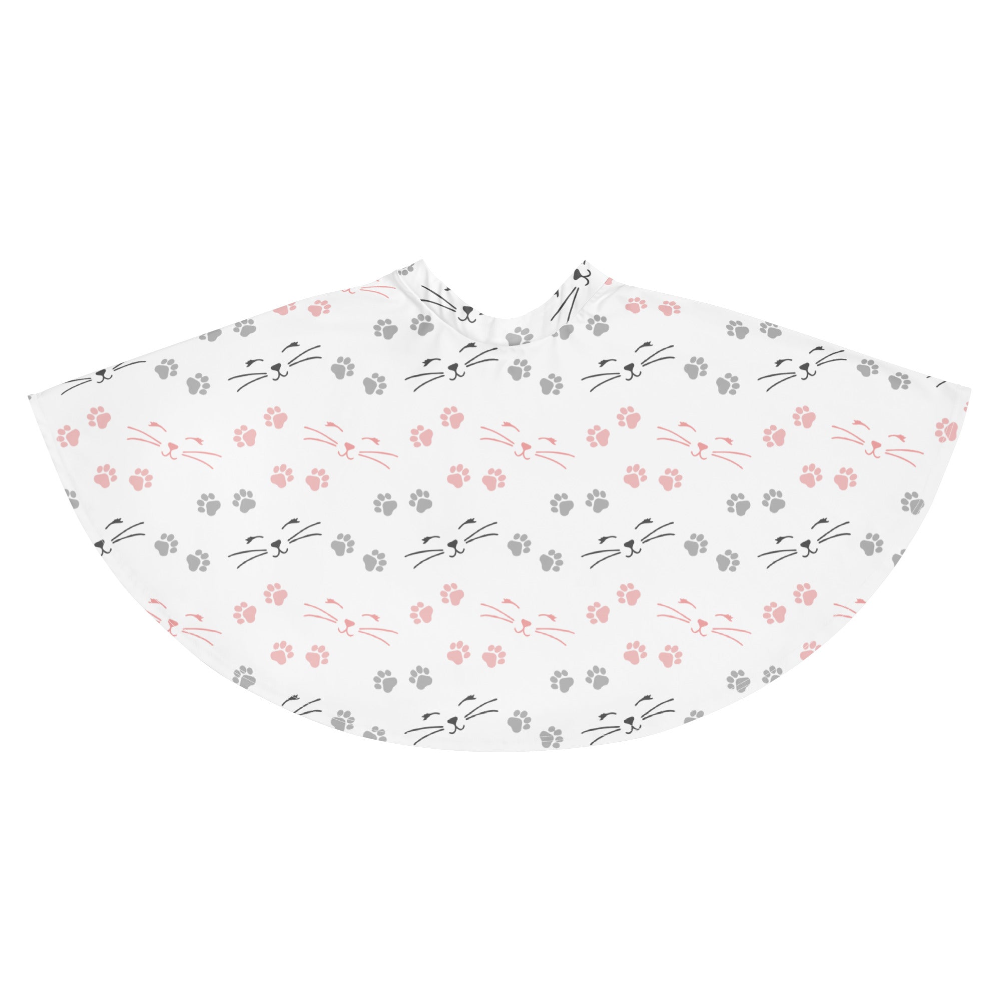 White women’s high waisted skater skirt with pink and gray cat faces and paw prints made from recycled fabric