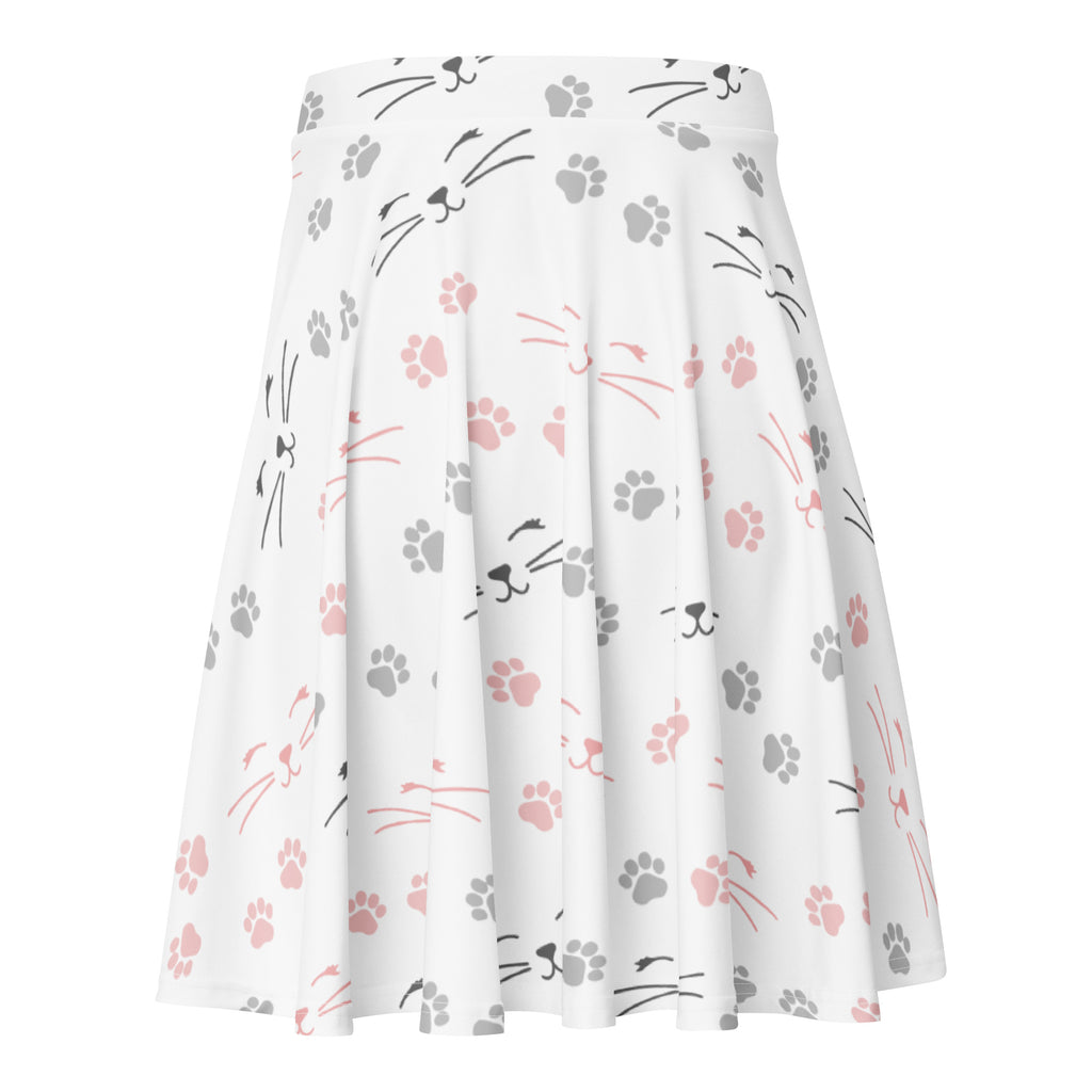 White pleated women’s cat whisker and paw print skater skirt in soft pink and gray made with recycled fabric and upf 50+