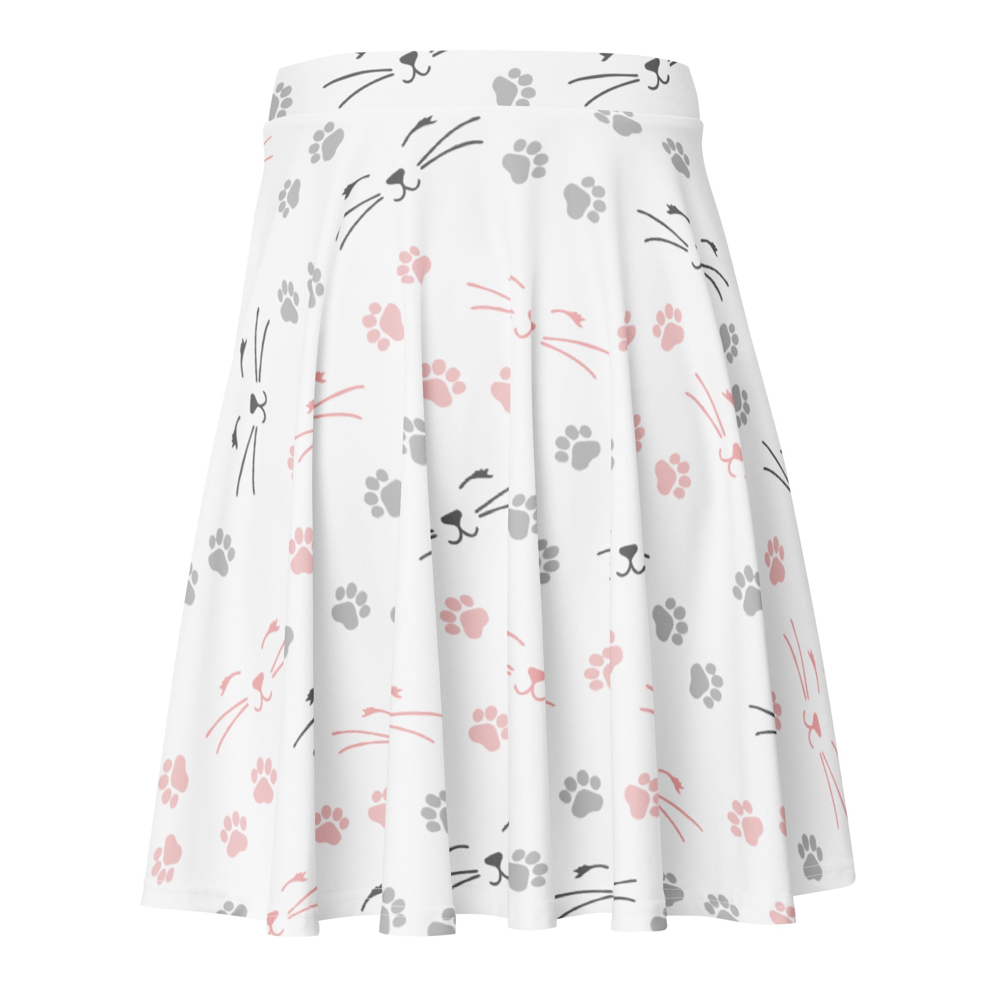 White pleated women’s cat whisker and paw print skater skirt in soft pink and gray made with recycled fabric and upf 50+