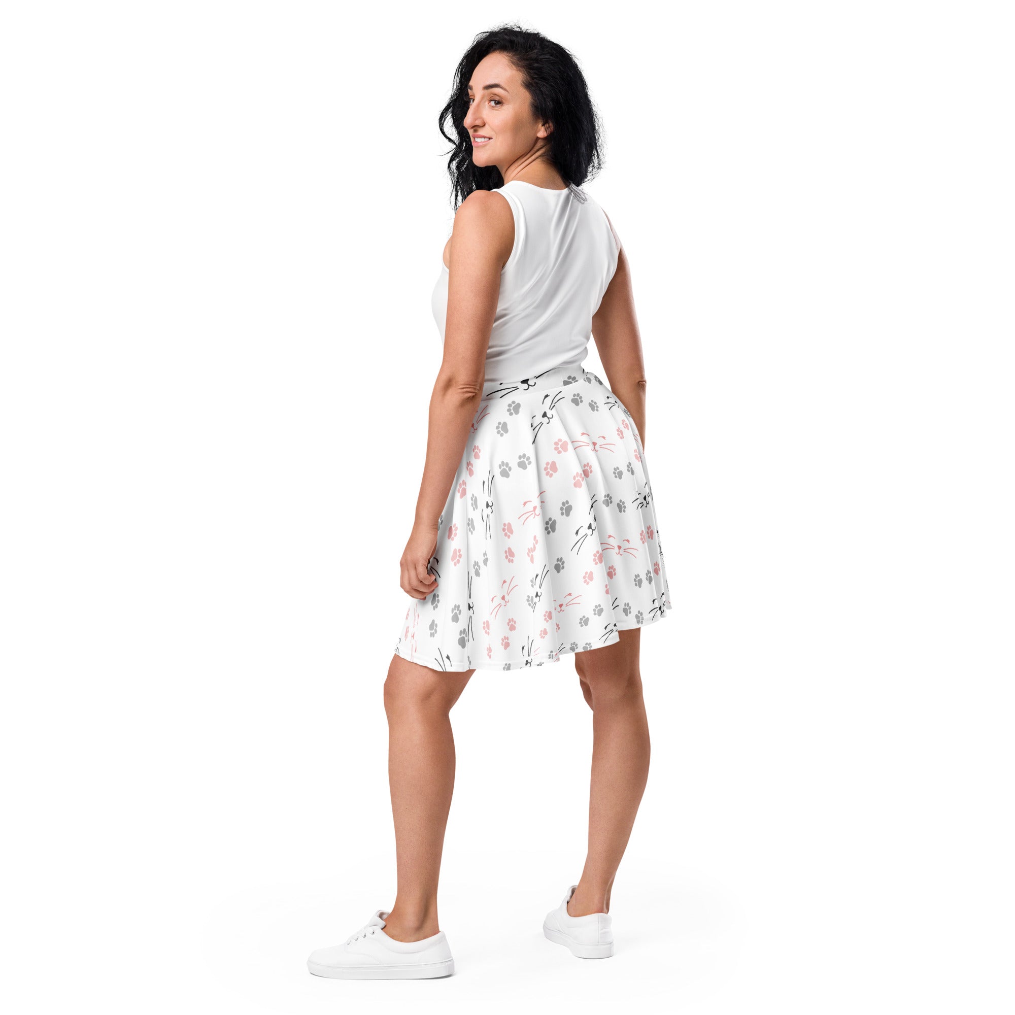 Women’s white cat whisker and paw print skater skirt with delicate pink and gray floral pattern flowy high waisted upf 50+