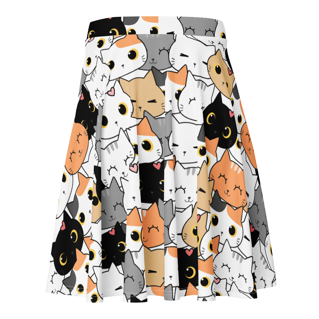 Women’s high waisted cat face skater skirt with pleats playful cartoon cat pattern and recycled fabric upf 50+