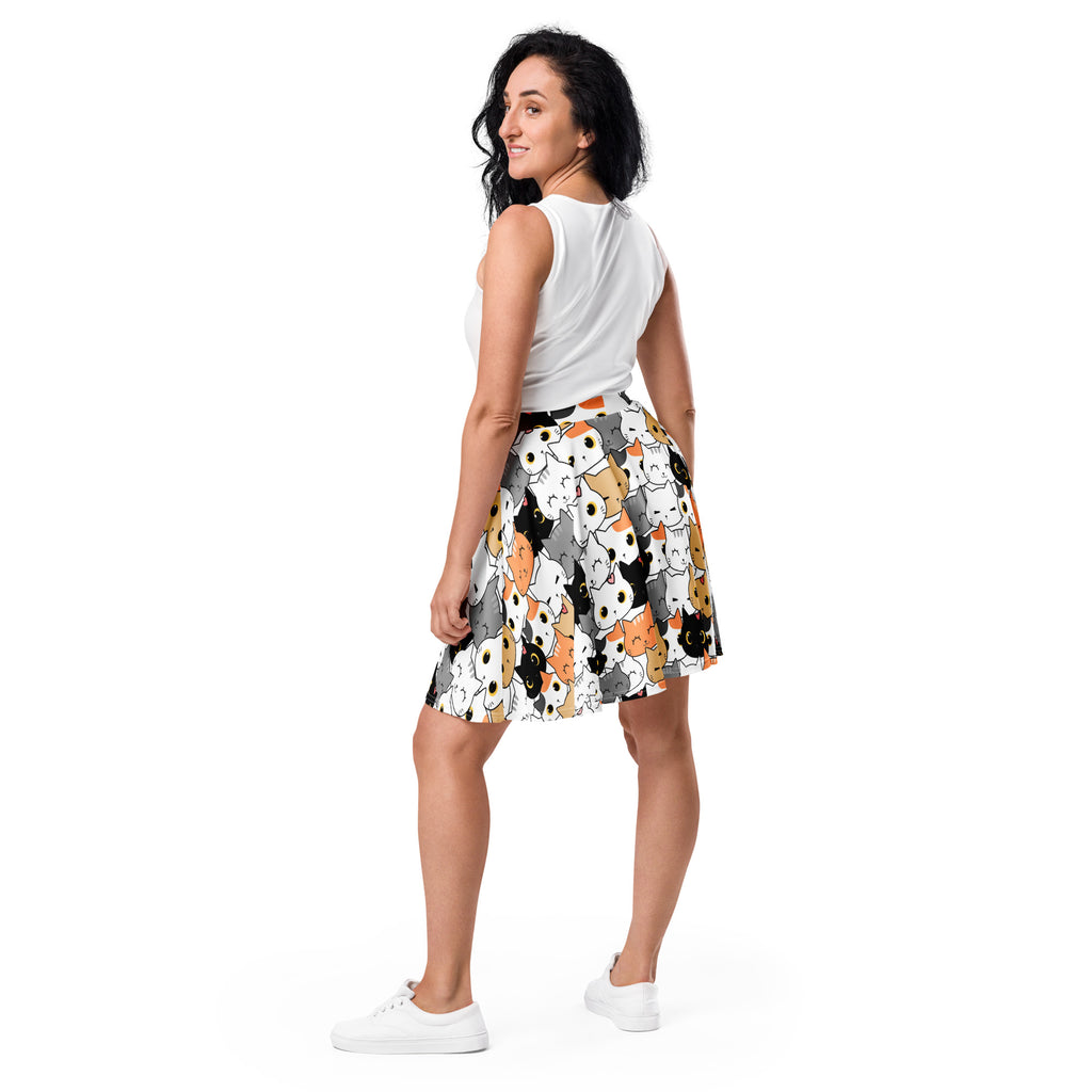 Women’s cat face skater skirt with playful multicolor cartoon cat pattern flowy high waisted upf 50 plus recycled fabric