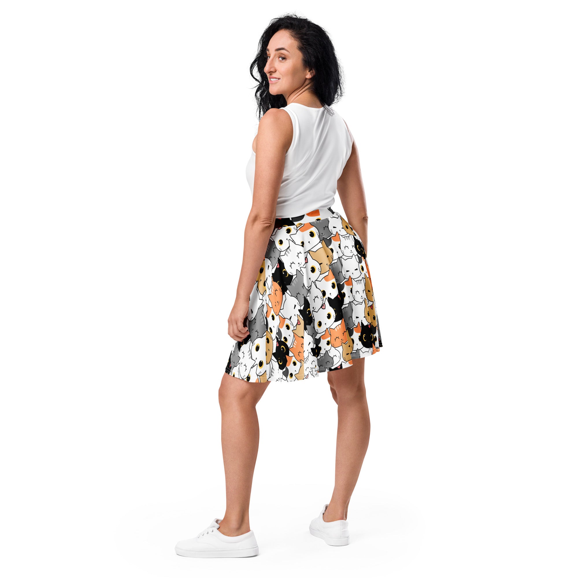 Women’s cat face skater skirt with playful multicolor cartoon cat pattern flowy high waisted upf 50 plus recycled fabric