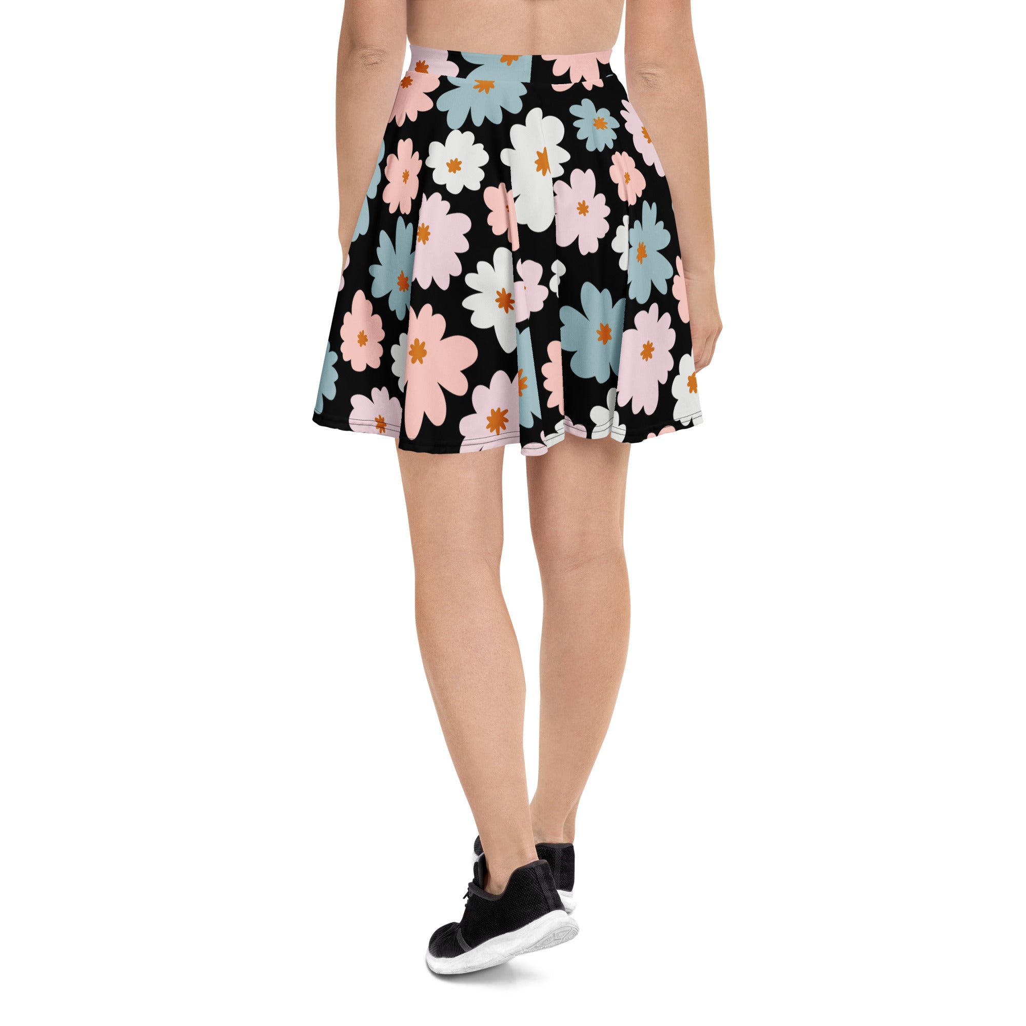 Women’s retro floral skater skirt in black with pink white blue flowers flowy high waisted upf 50 plus recycled fabric