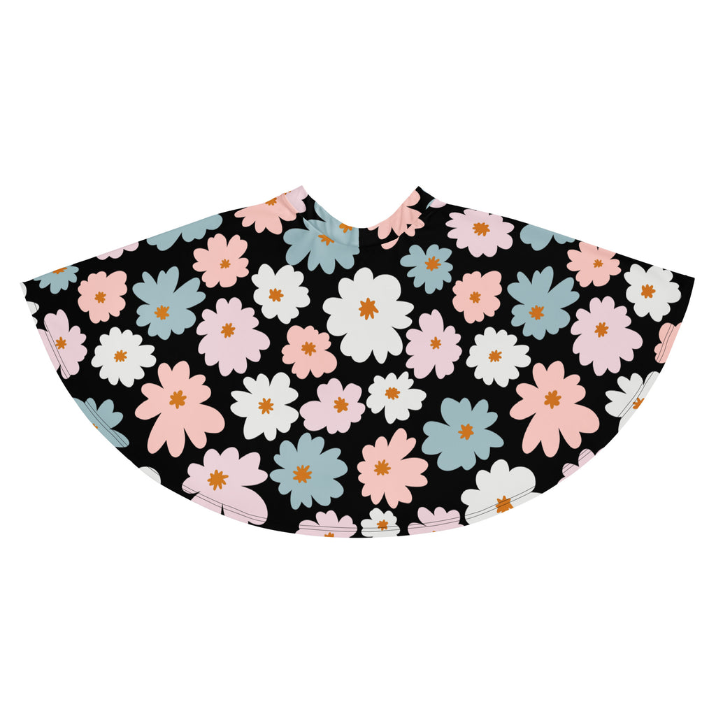 A black capelet with vibrant pink white and light blue floral pattern for women’s retro style with recycled fabric