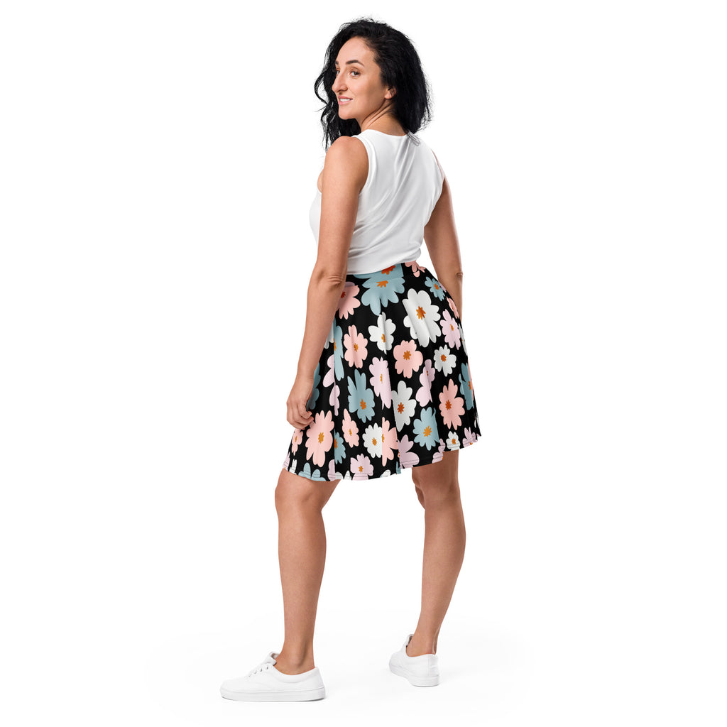 Women’s retro floral skater skirt black with pink white and blue daisies flowy high waisted upf 50 plus recycled fabric