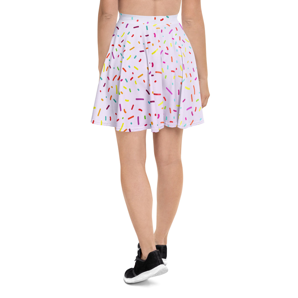 A flared light purple skater skirt with colorful sprinkles made from recycled fabric with UPF 50 plus protection