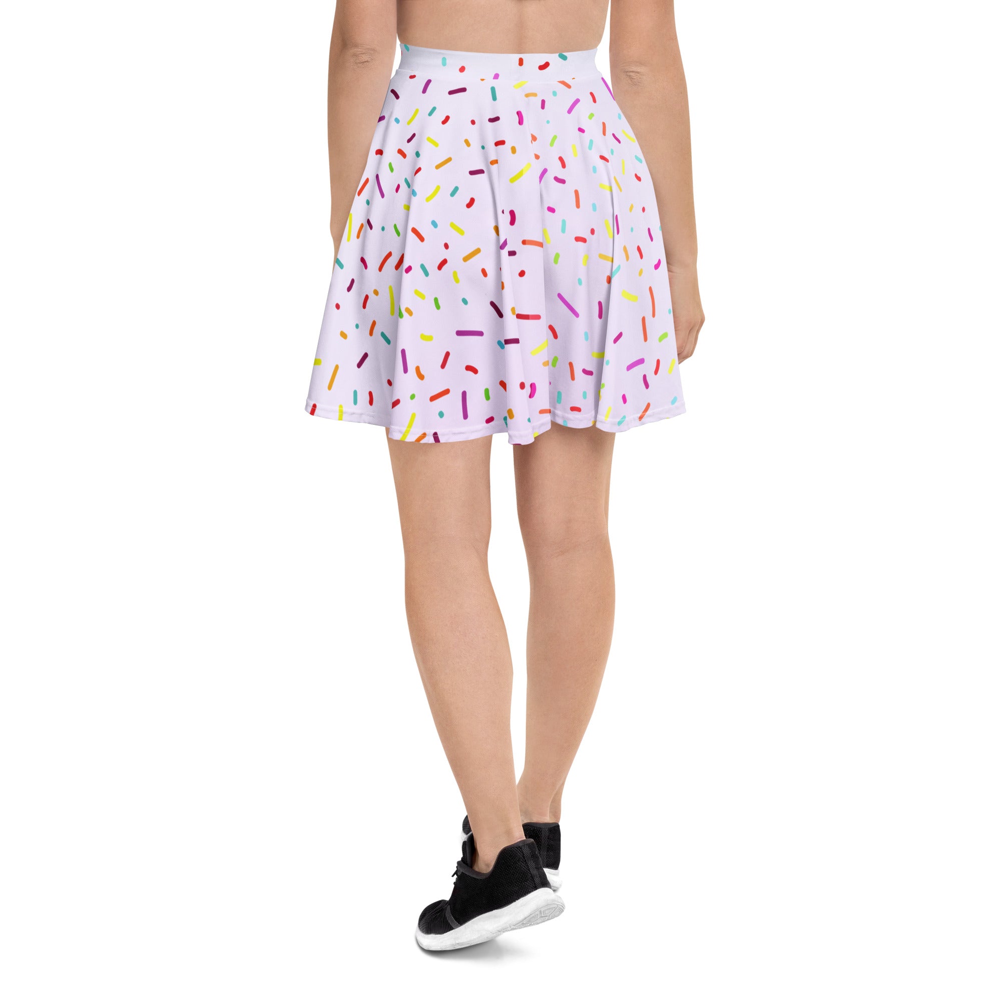 A flared light purple skater skirt with colorful sprinkles made from recycled fabric with UPF 50 plus protection
