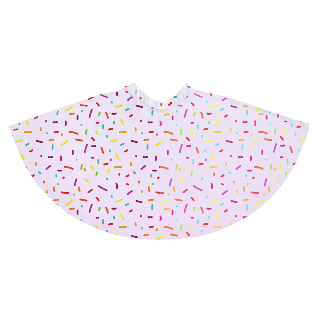 White women’s skater skirt with colorful sprinkles pattern, flowy high waisted, UPF 50 plus, made with recycled fabric