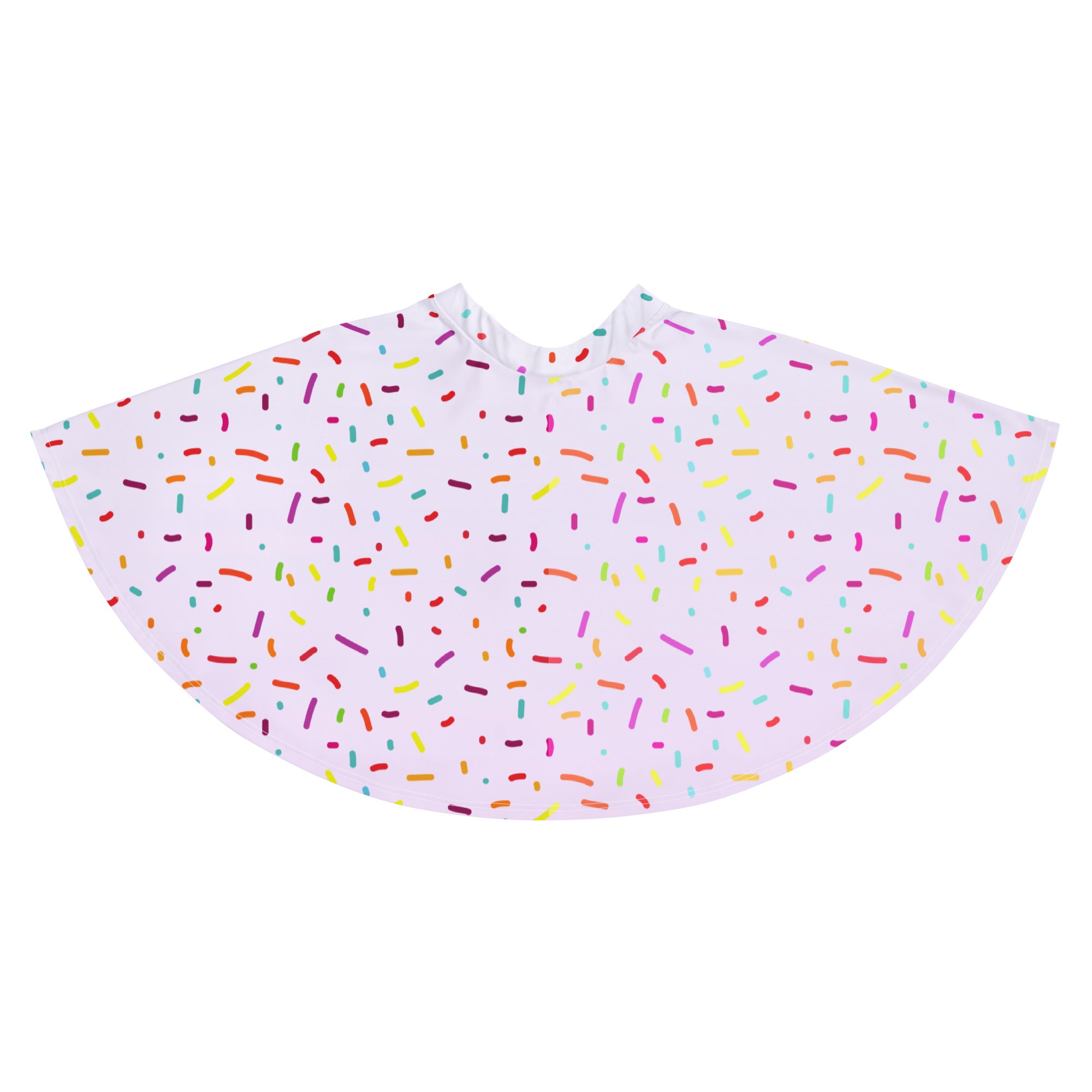 White women’s skater skirt with colorful sprinkles pattern, flowy high waisted, UPF 50 plus, made with recycled fabric