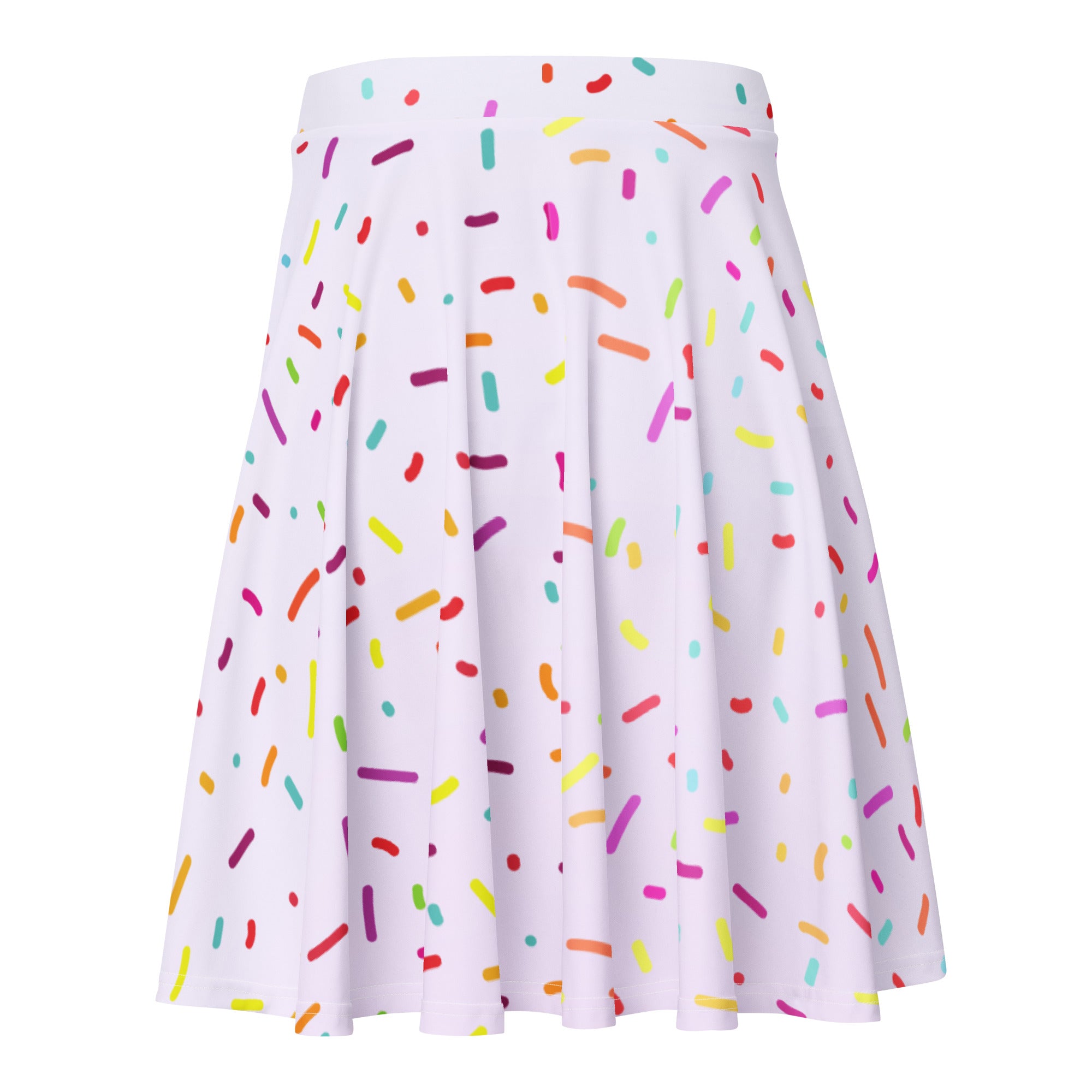 Women’s white pleated skater skirt with colorful candy-like sprinkles flowy high waisted upf 50 plus recycled fabric