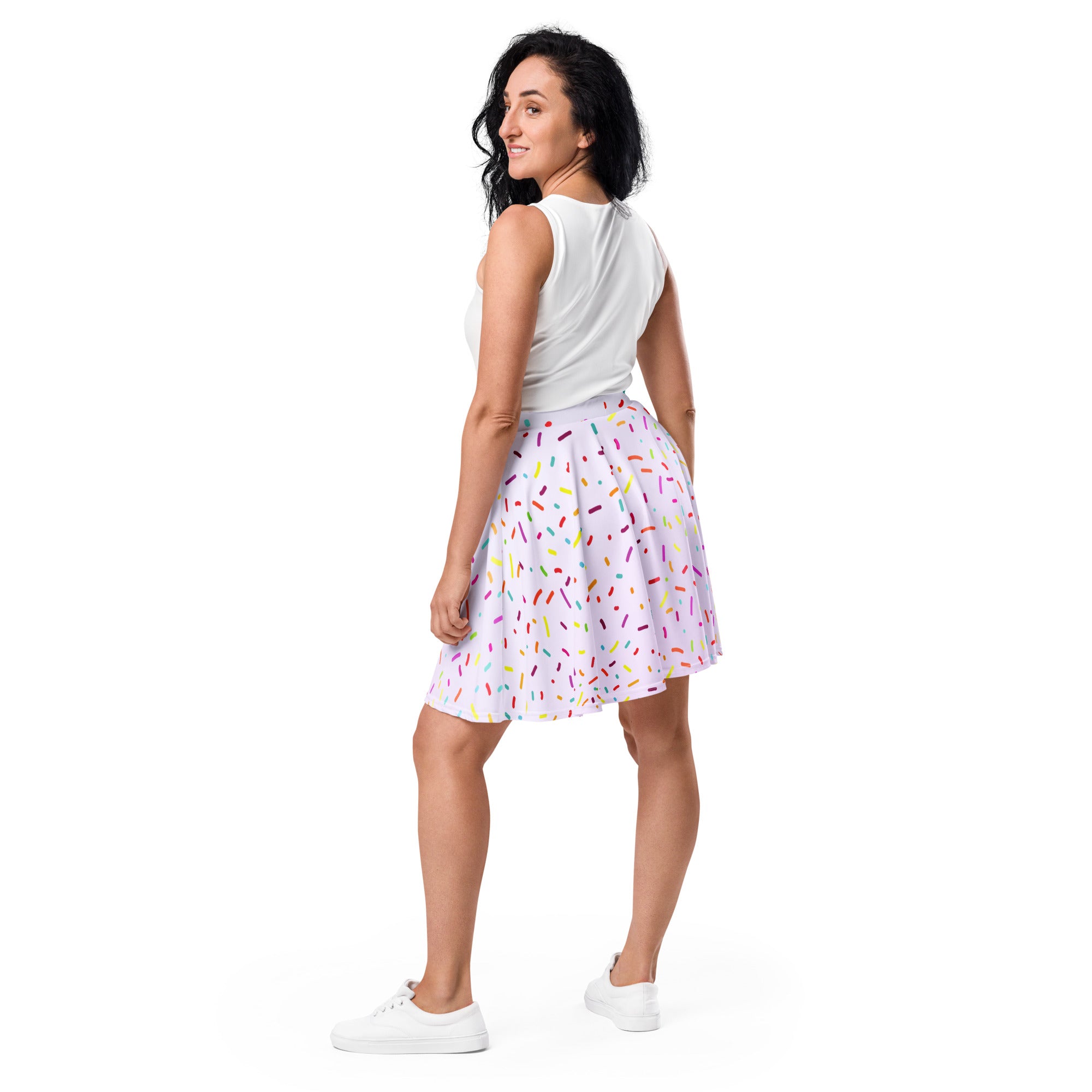 A light purple women’s colorful sprinkles skater skirt with flowy high waisted design made from recycled fabric