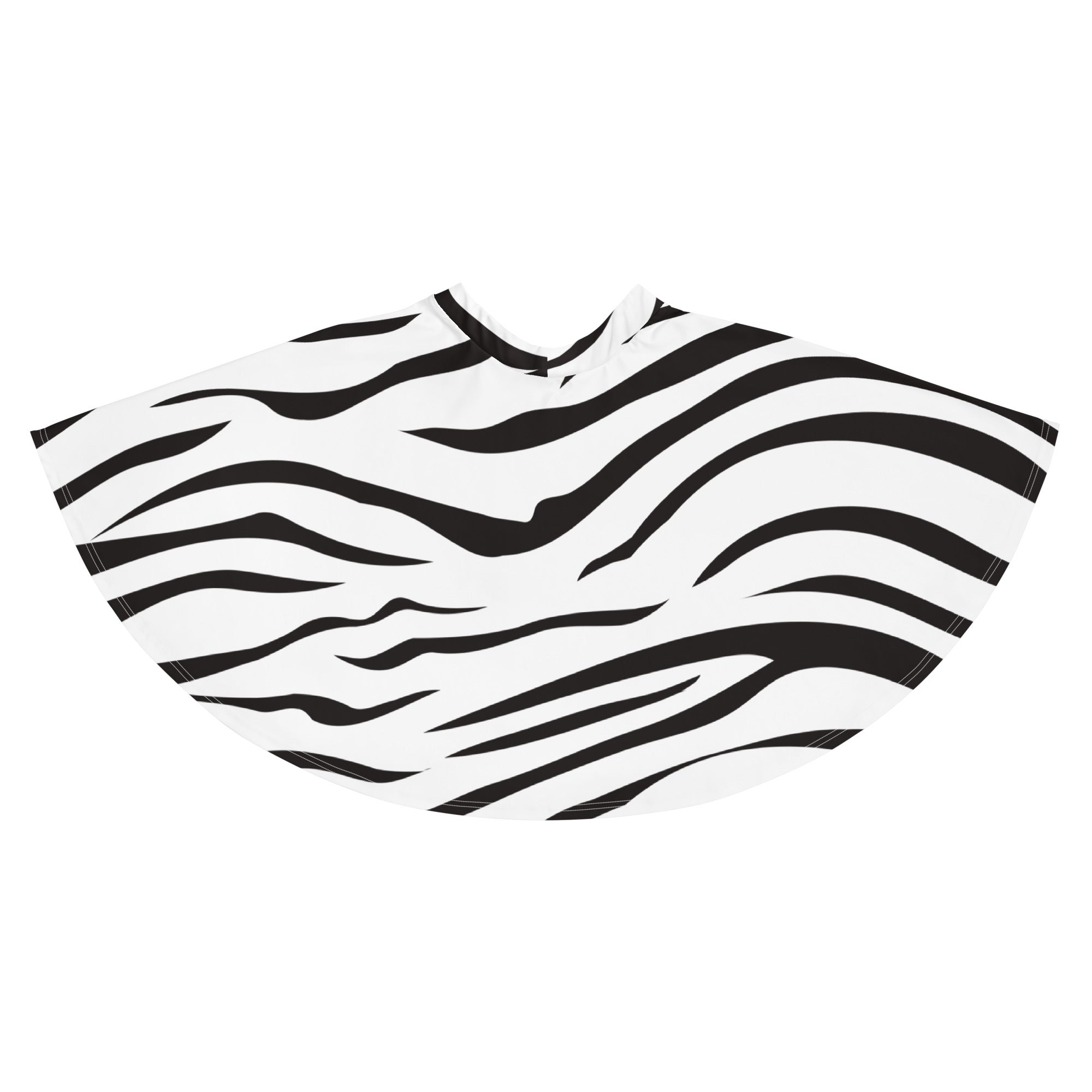 A black and white zebra-striped salon cape made of smooth lightweight fabric paired with a flowy high waisted skater skirt