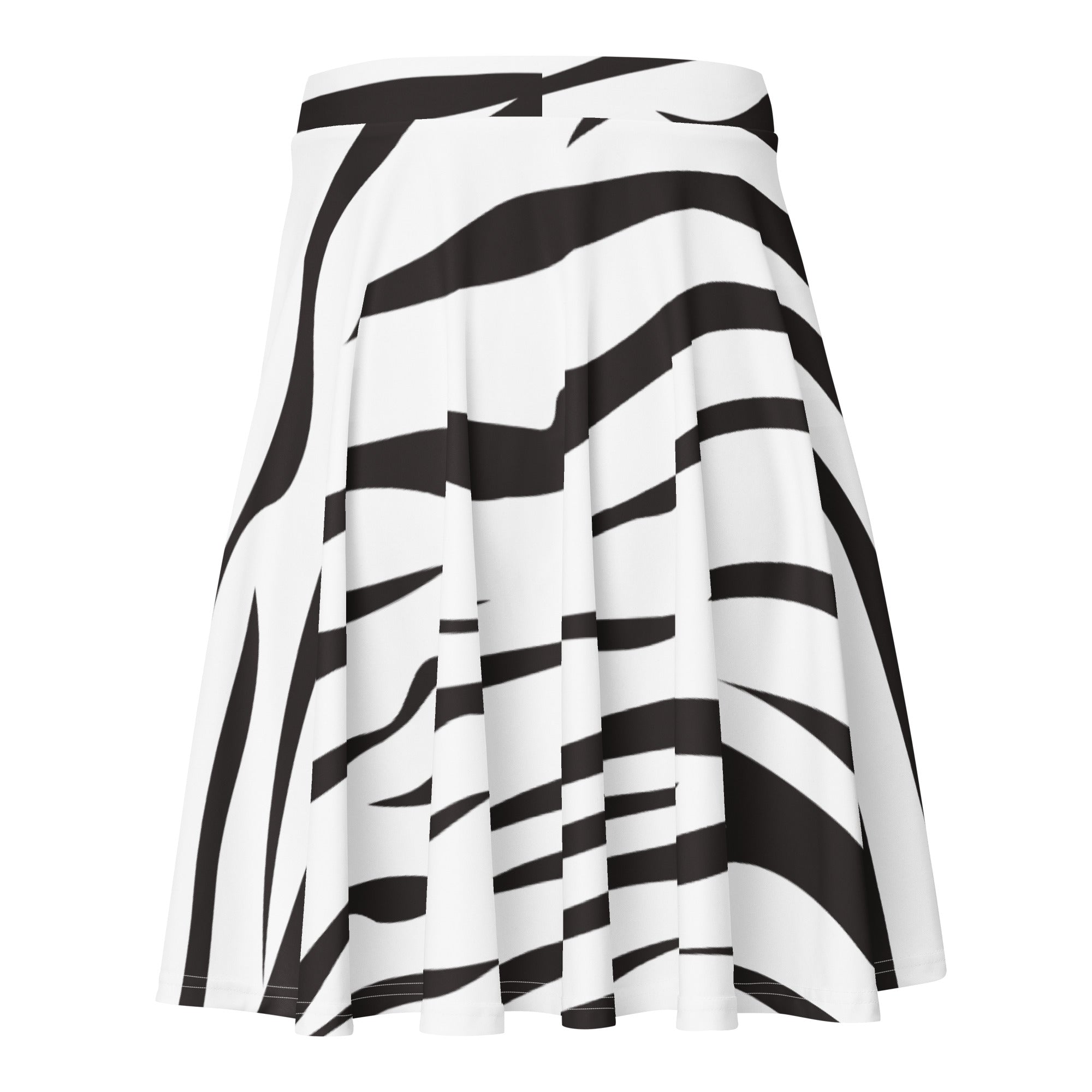A women’s zebra print skater skirt with bold black and white stripes, flowy high waisted fabric with UPF 50 plus protection