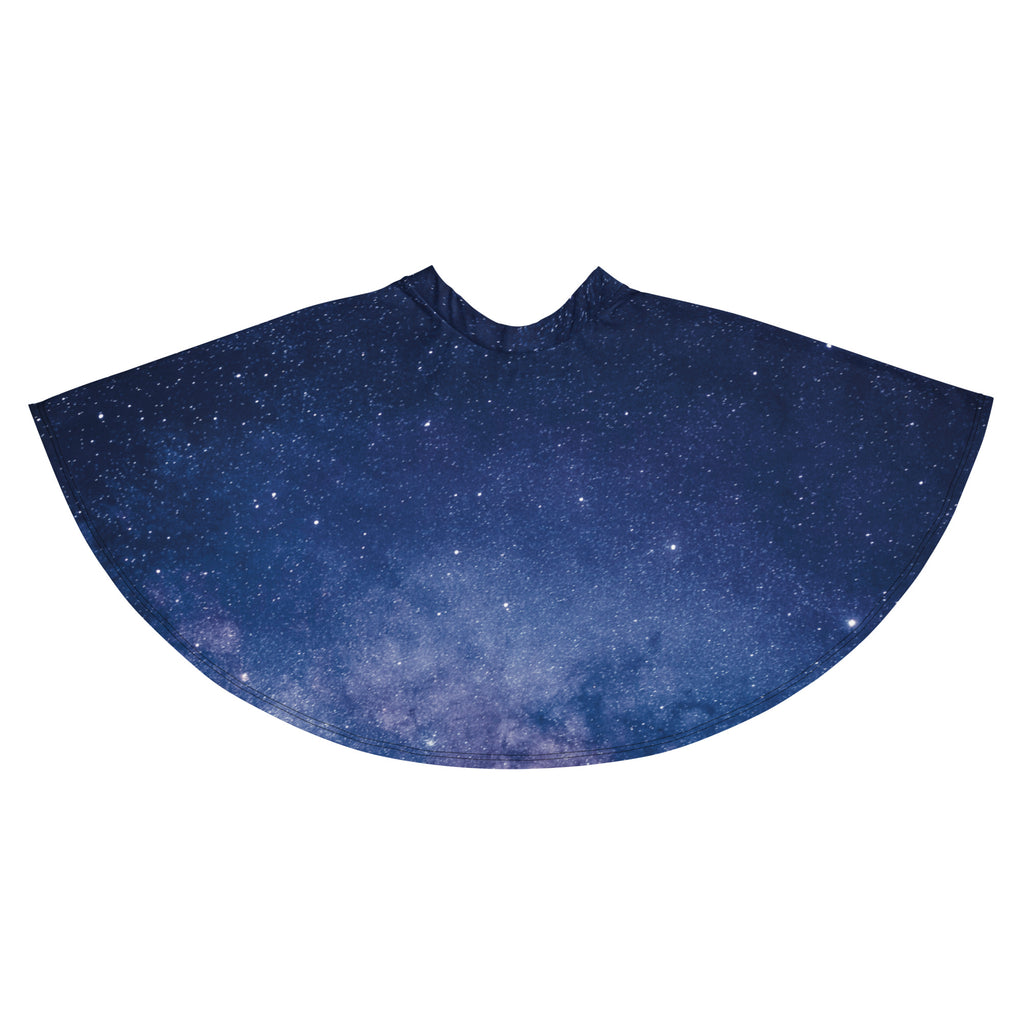 Women’s navy blue galaxy skater skirt with flowy high waist printed galaxy design made from recycled fabric with upf 50+