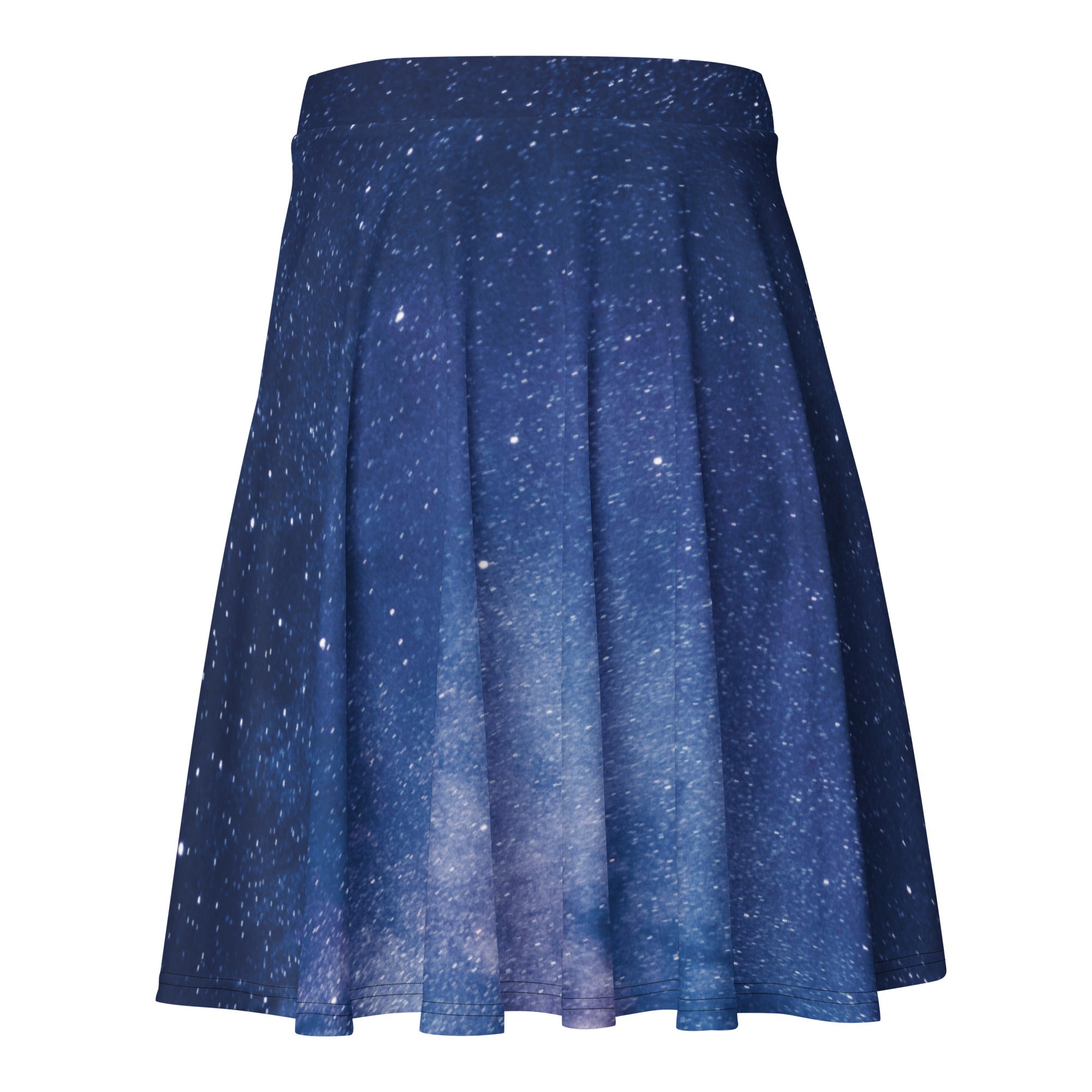 Pleated women’s galaxy skater skirt with cosmic print white stars purple gradients on deep blue recycled fabric upf 50+