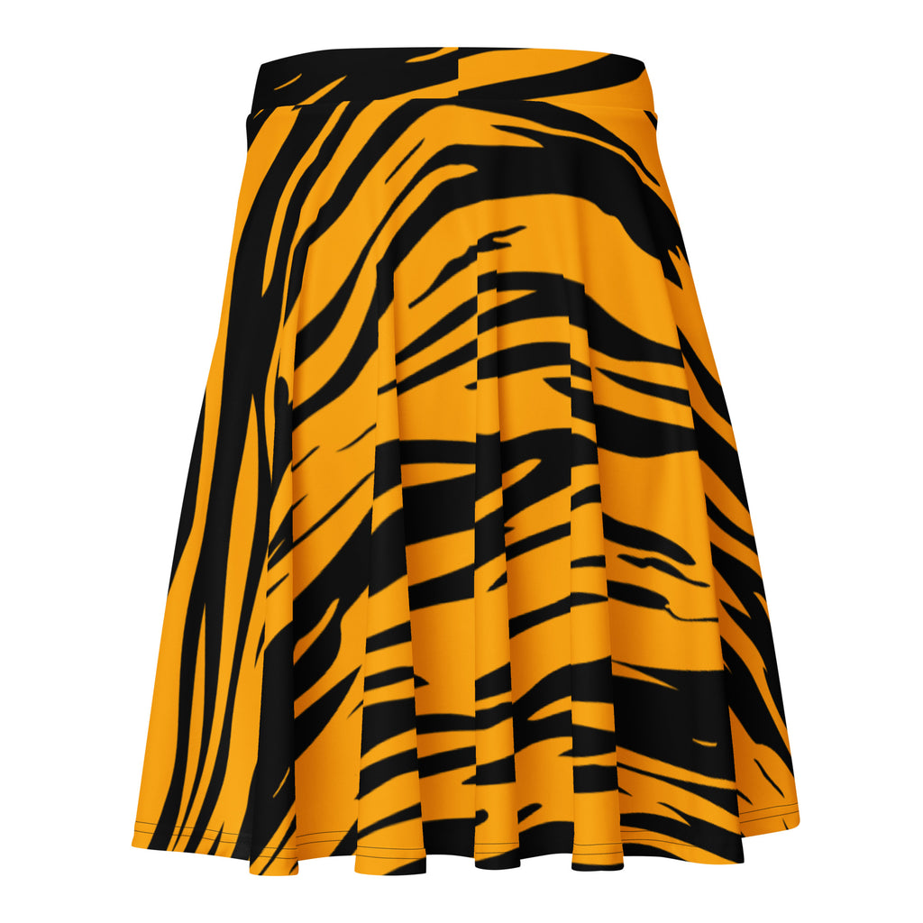 A vibrant yellow and black tiger print pleated skater skirt high waisted with upf 50 plus made from recycled fabric
