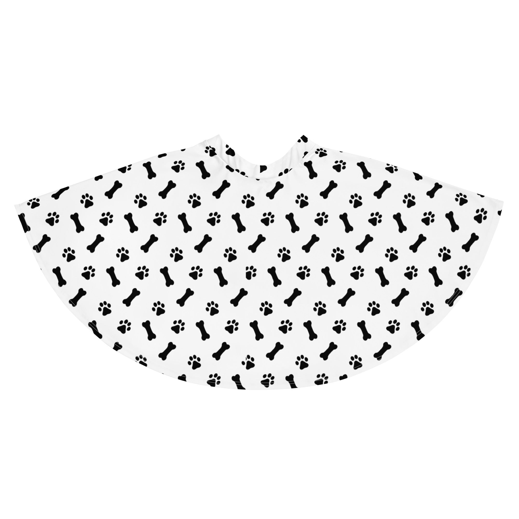 White womens dog paw and bone skater skirt with flowy high waisted design and black bone and paw print pattern