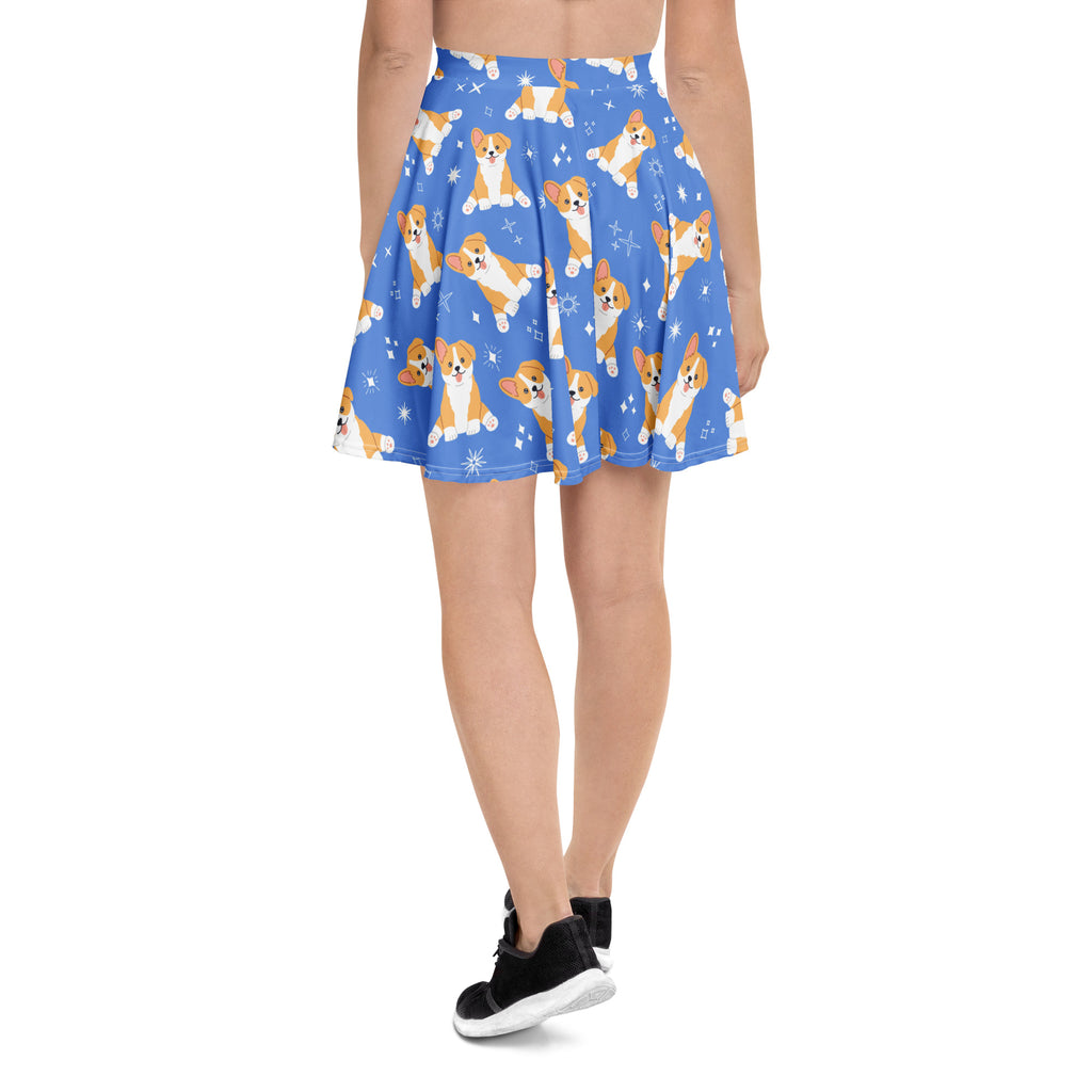 Women’s blue corgi dog skater skirt with playful orange and white corgi pattern star accents flowy high waisted recycled fabric upf 50+