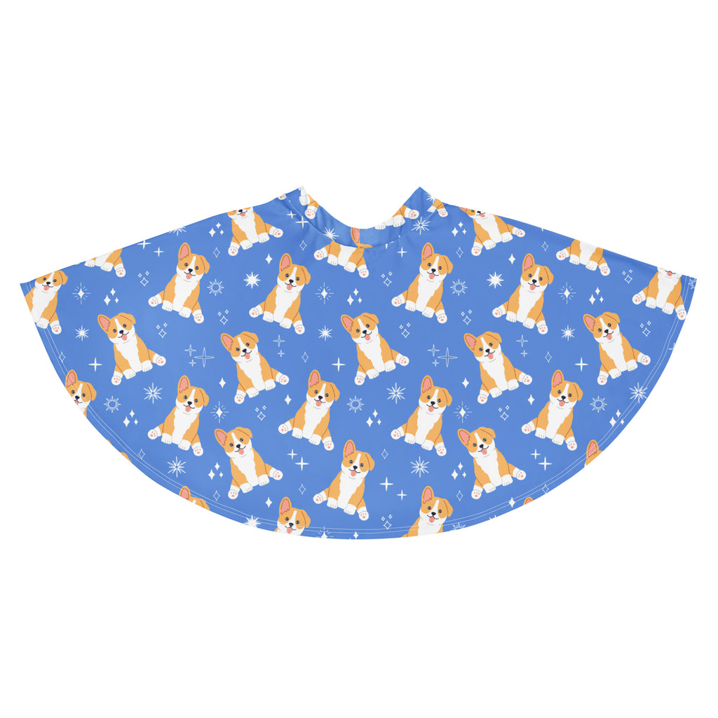 Women’s blue corgi dog skater skirt with flowy high waisted design featuring cartoon corgi pattern and recycled fabric