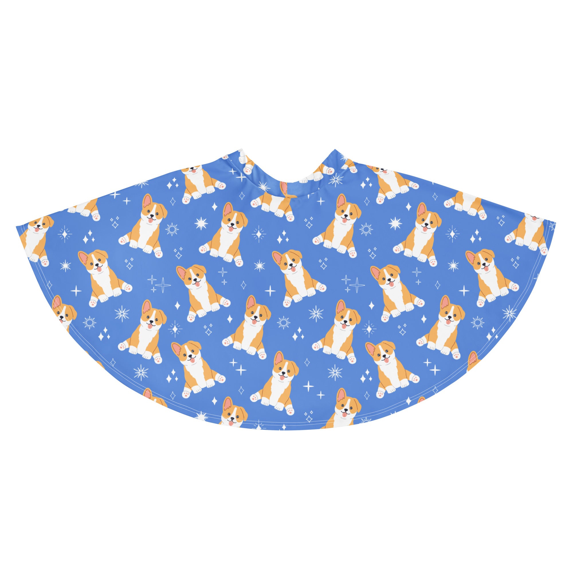 Women’s blue corgi dog skater skirt with flowy high waisted design featuring cartoon corgi pattern and recycled fabric