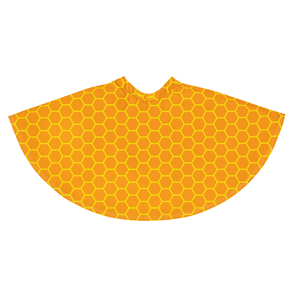 A vibrant orange women’s honeycomb skater skirt with bold yellow pattern made from recycled fabric with UPF 50+ protection