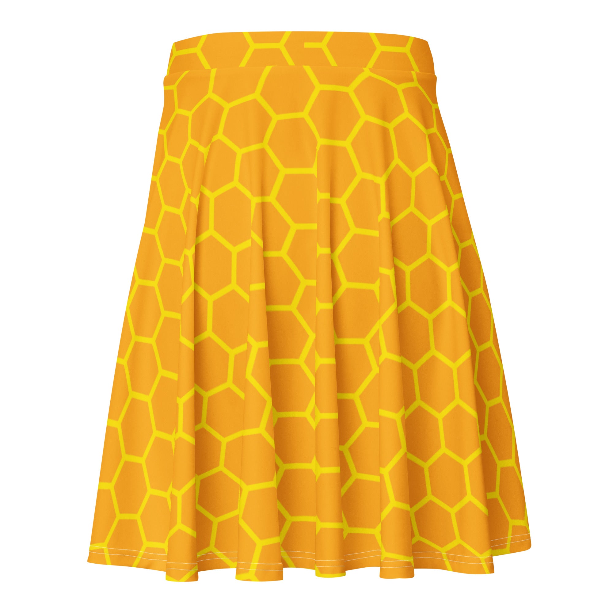 A vibrant yellow womens honeycomb skater skirt with pleats made from recycled fabric and UPF 50 plus sun protection