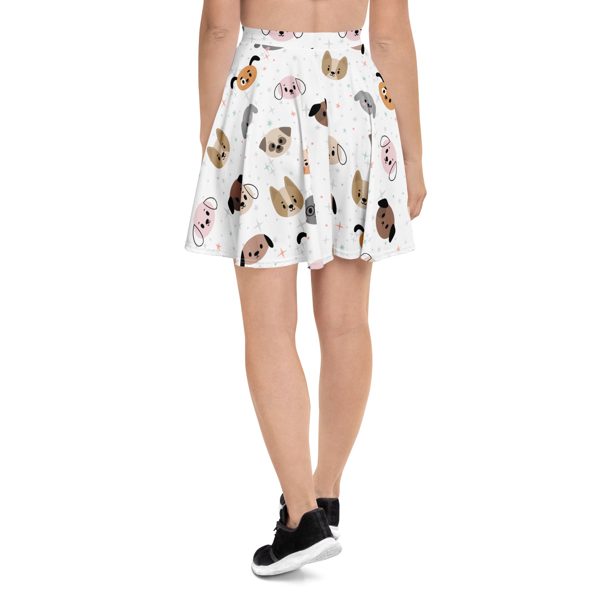 White pleated women’s dog face skater skirt with colorful cartoon dogs flowy high waisted recycled fabric upf 50+