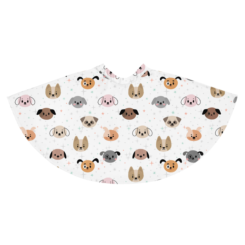 White cape with playful cartoon dog faces pattern in various colors made from recycled fabric with upf 50 plus protection