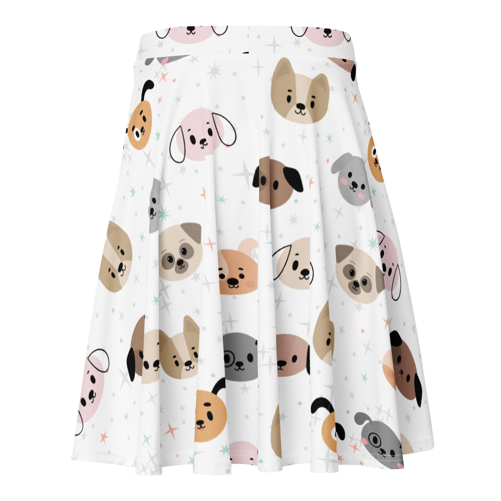 Women’s white pleated dog face skater skirt with playful beige pink gray pattern flowy high waisted recycled fabric upf 50+