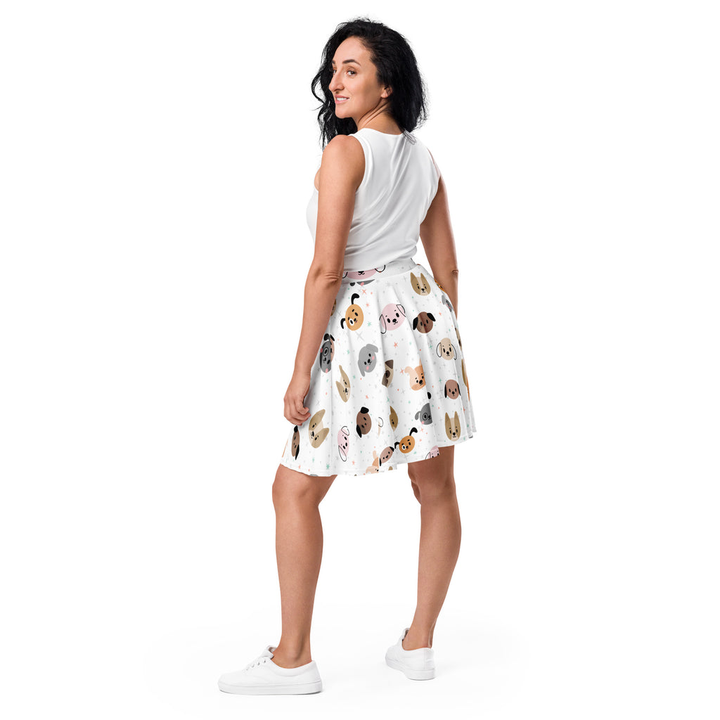 White high waisted flowy skater skirt with colorful cartoon dog pattern made from recycled fabric with upf 50 plus
