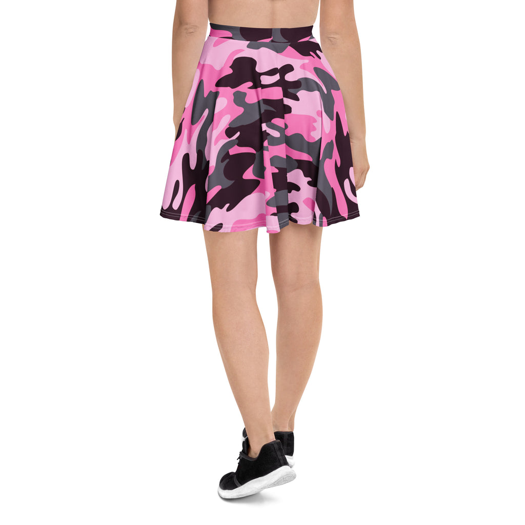 Women’s pink camouflage skater skirt with flared design stretchy recycled fabric and upf 50 plus protection