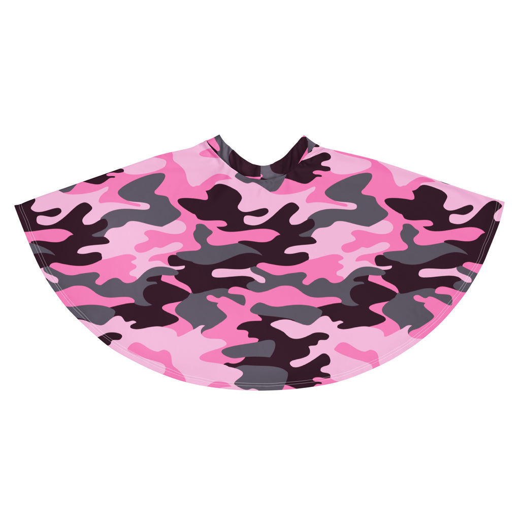 Pink and black camouflage-patterned barber cape with flowy high waisted design made from recycled fabric