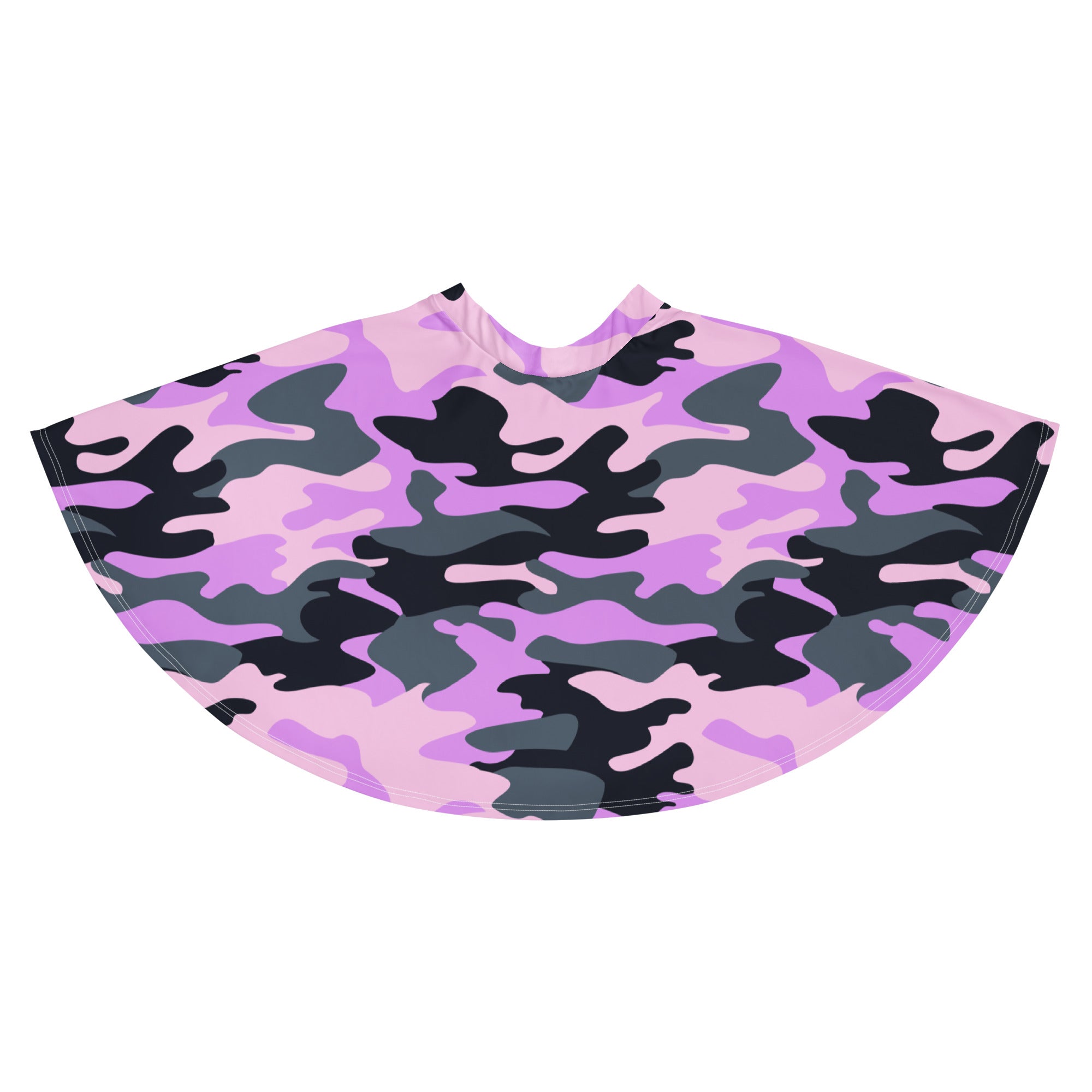 Women’s purple camouflage skater skirt with pink black gray pattern flowy high waisted upf 50 plus recycled fabric
