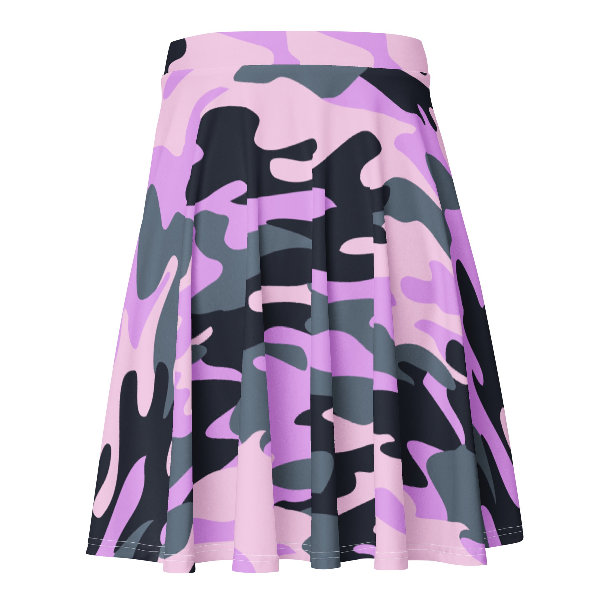 A pleated women’s purple camouflage skater skirt in vibrant pink black and gray made with recycled fabric and upf 50+