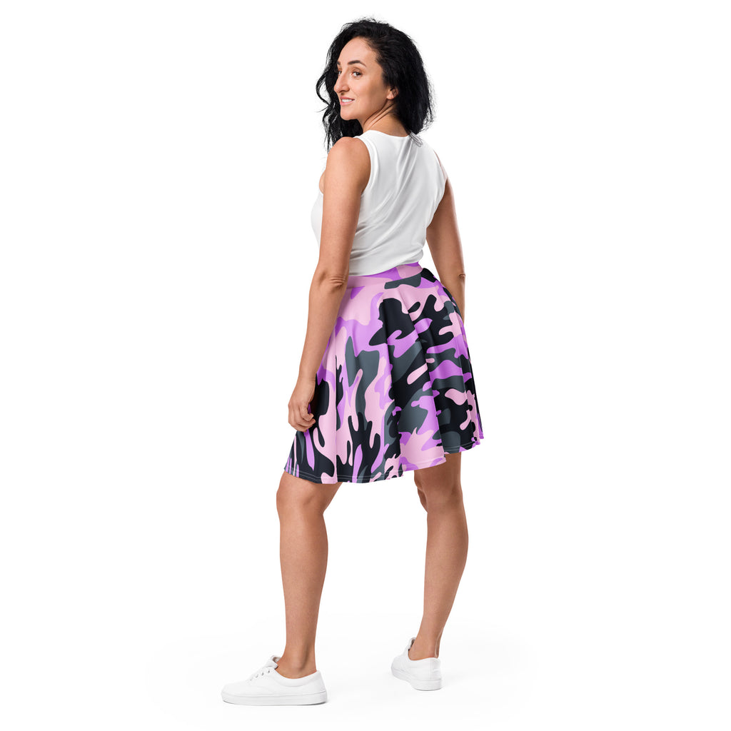 A women’s purple camouflage skater skirt with a flared design made from lightweight recycled fabric with upf 50+