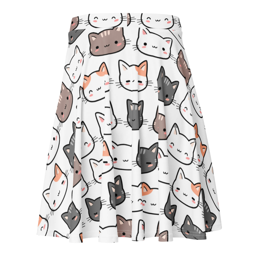 Women’s white pleated cat face skater skirt with colorful cartoon cats flowy high waisted upf 50+ recycled fabric