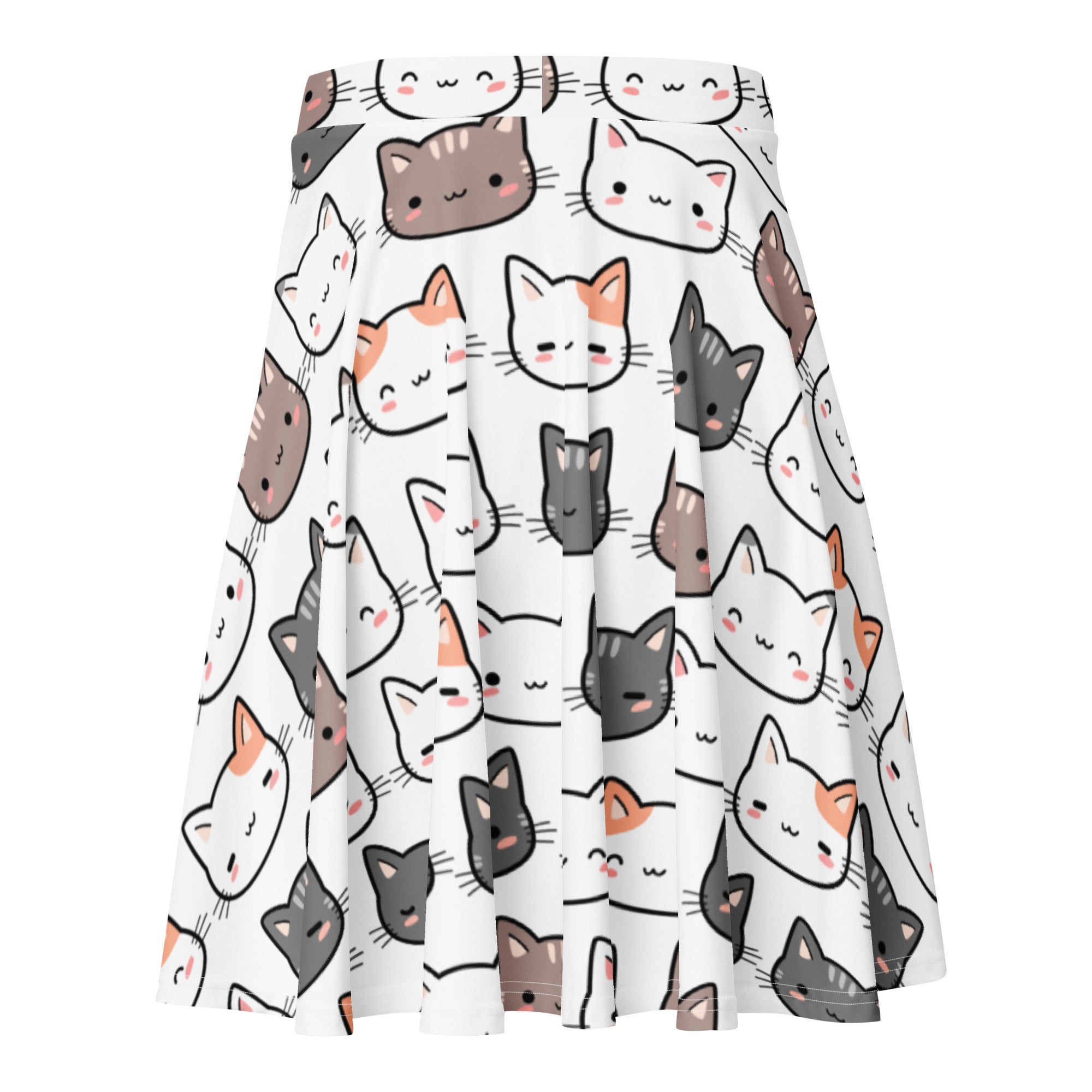 Women’s white pleated cat face skater skirt with colorful cartoon cats flowy high waisted upf 50+ recycled fabric