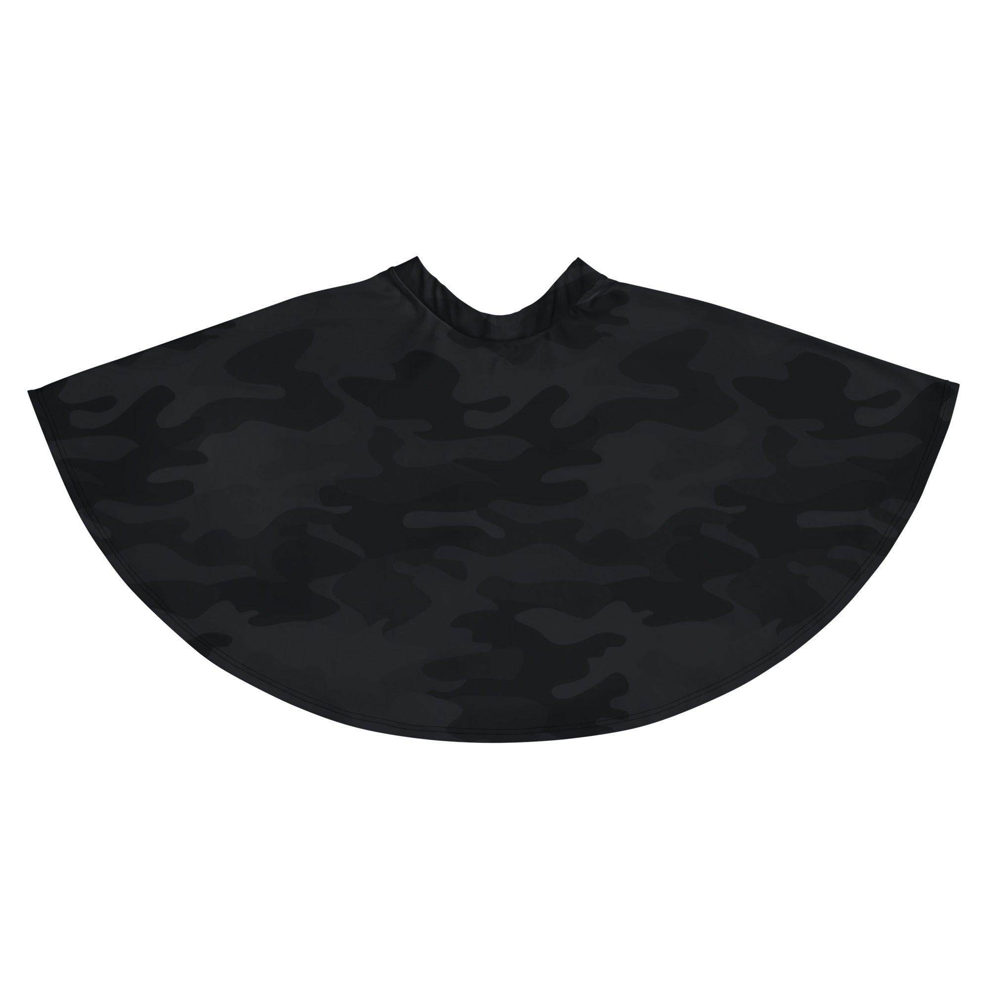 Black camouflage-patterned barber cape made from recycled fabric with durable water repellent finish and adjustable straps