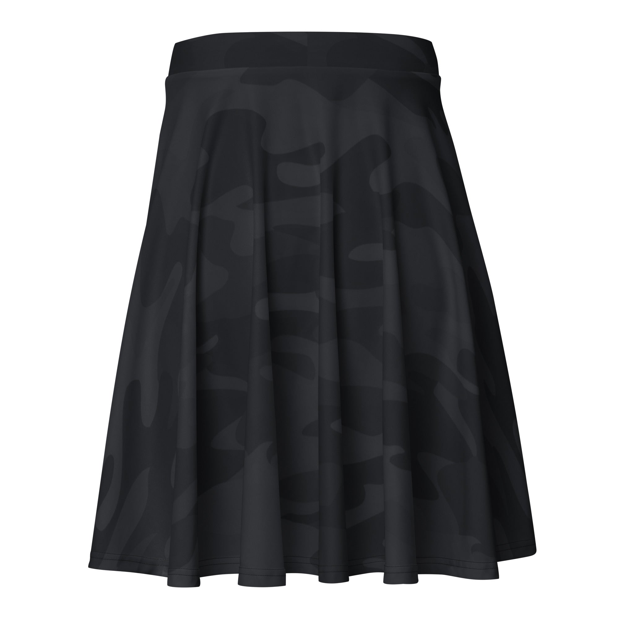 Women’s black camouflage skater skirt with pleats flowy high waisted made from recycled fabric with upf 50 plus protection