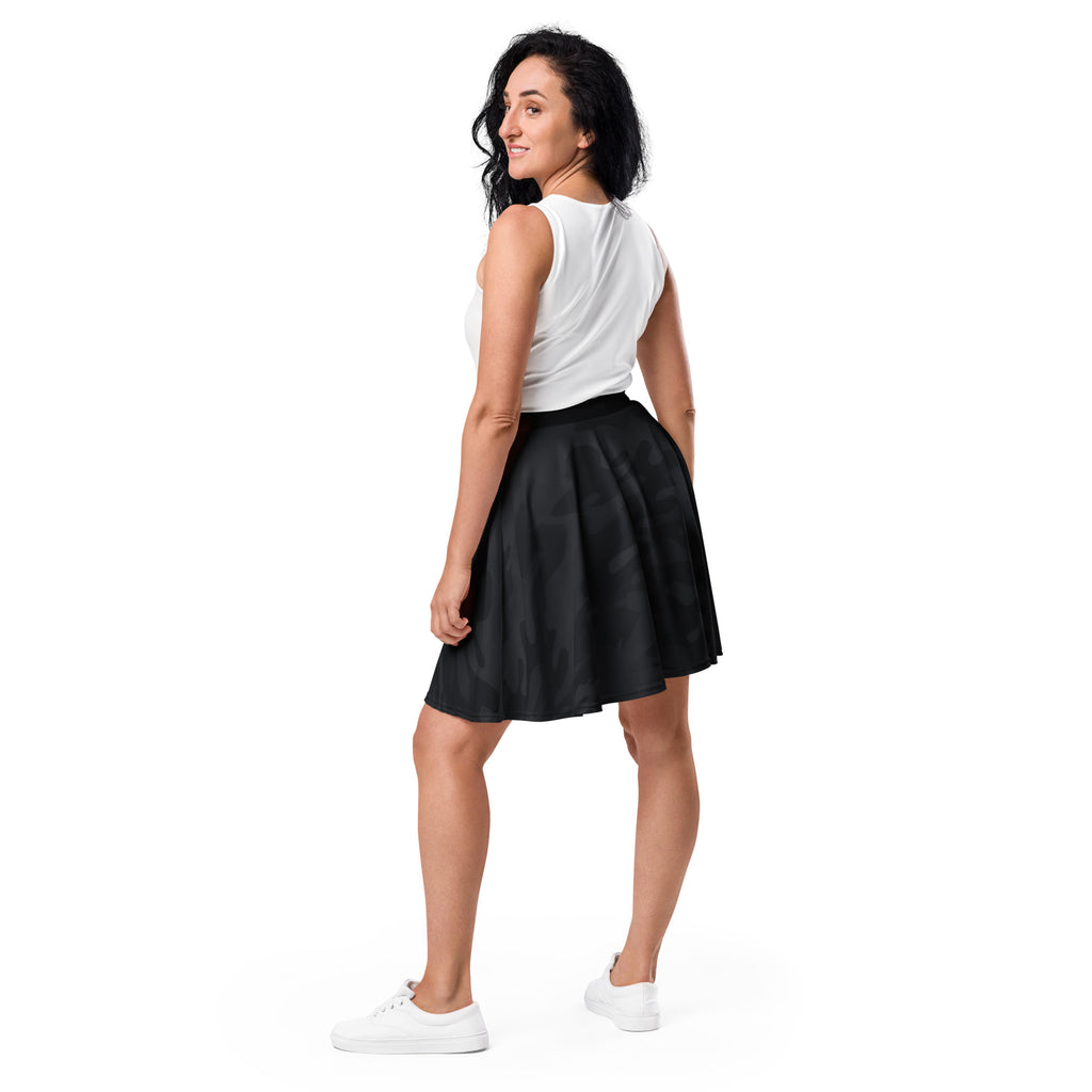 Women’s black camouflage skater skirt with flowy pleats high waisted smooth shiny recycled fabric and UPF 50+ protection