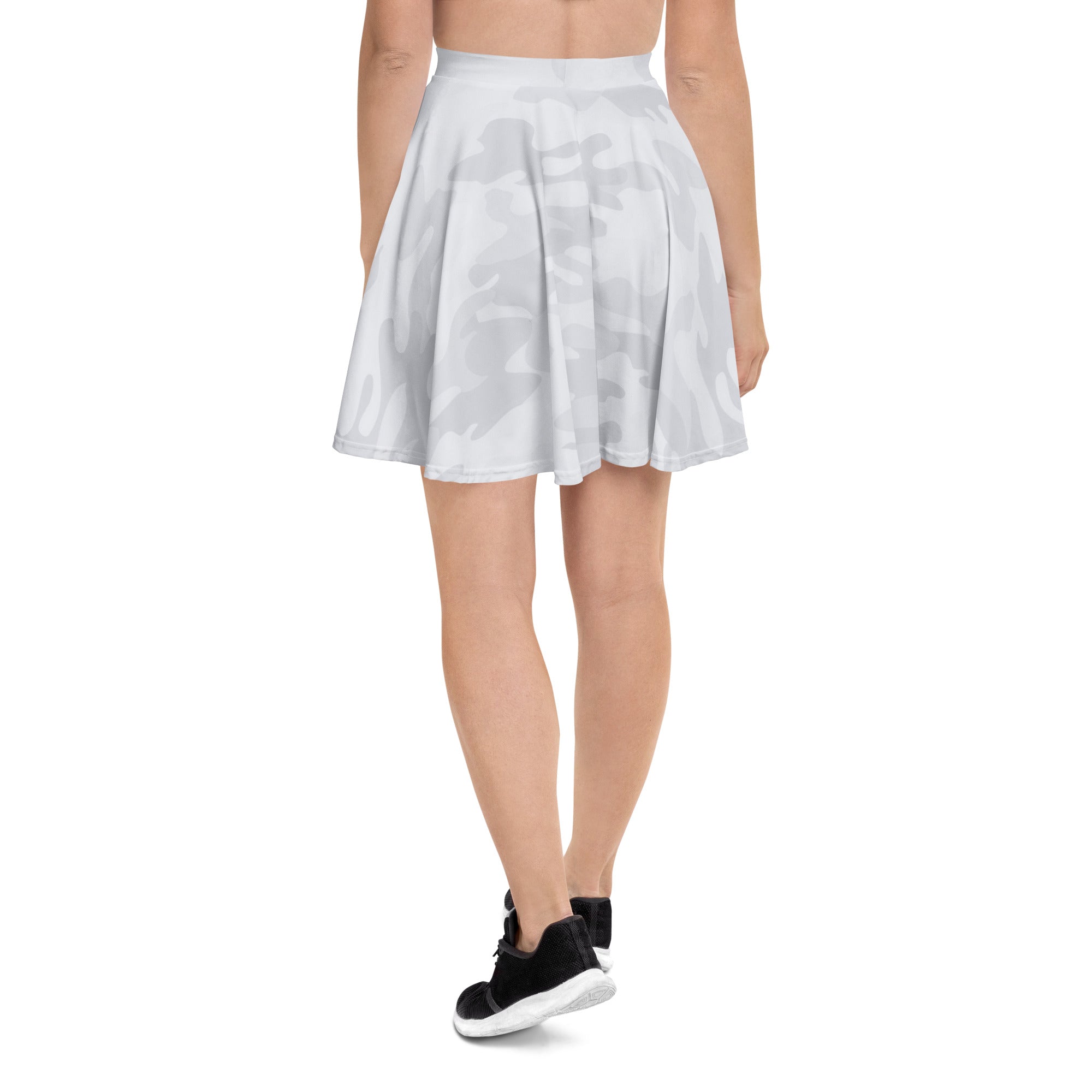Women’s light gray skater skirt with pleated white fabric and subtle gray camouflage pattern made from recycled material