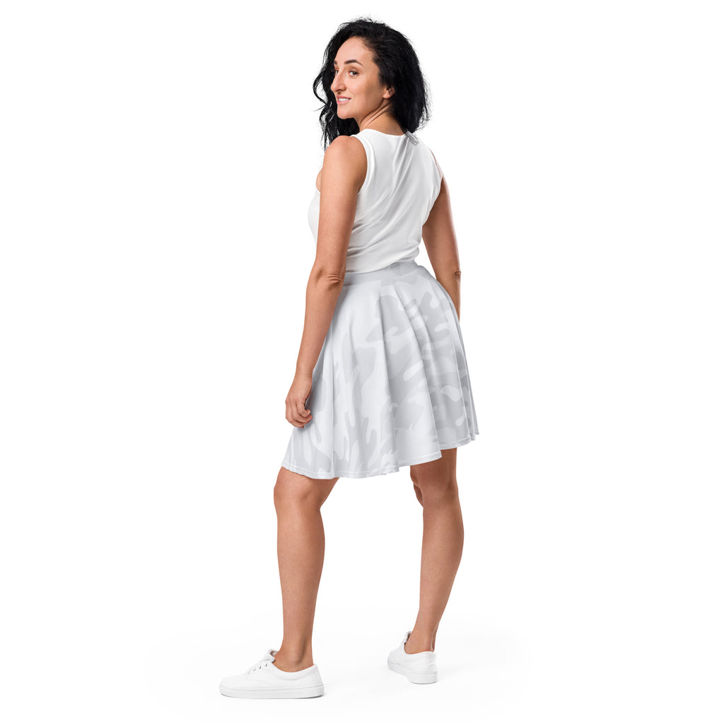 Women’s light gray sleeveless a-line skirt with subtle camouflage pattern fitted waistband flared hem UPF 50+ recycled fabric