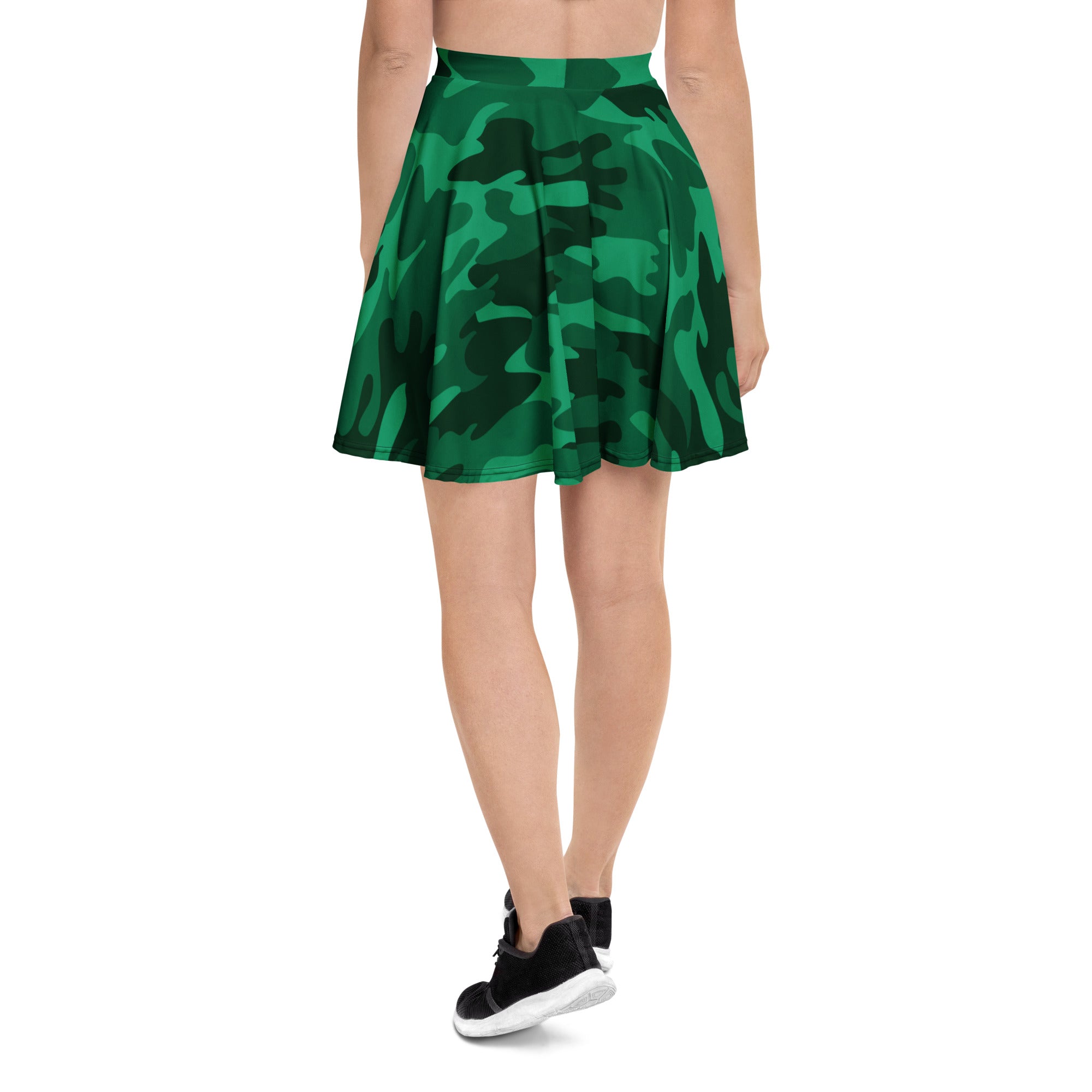 Women’s green camouflage skater skirt with flared lightweight fabric high waisted UPF 50+ recycled material