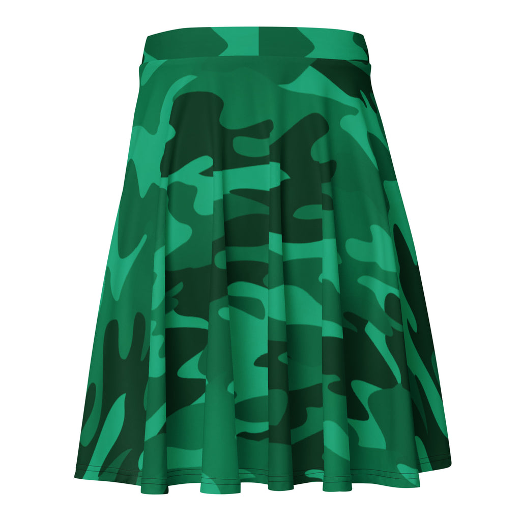 A women’s green camouflage skater skirt with a flared design made from smooth stretchy recycled fabric with upf 50+