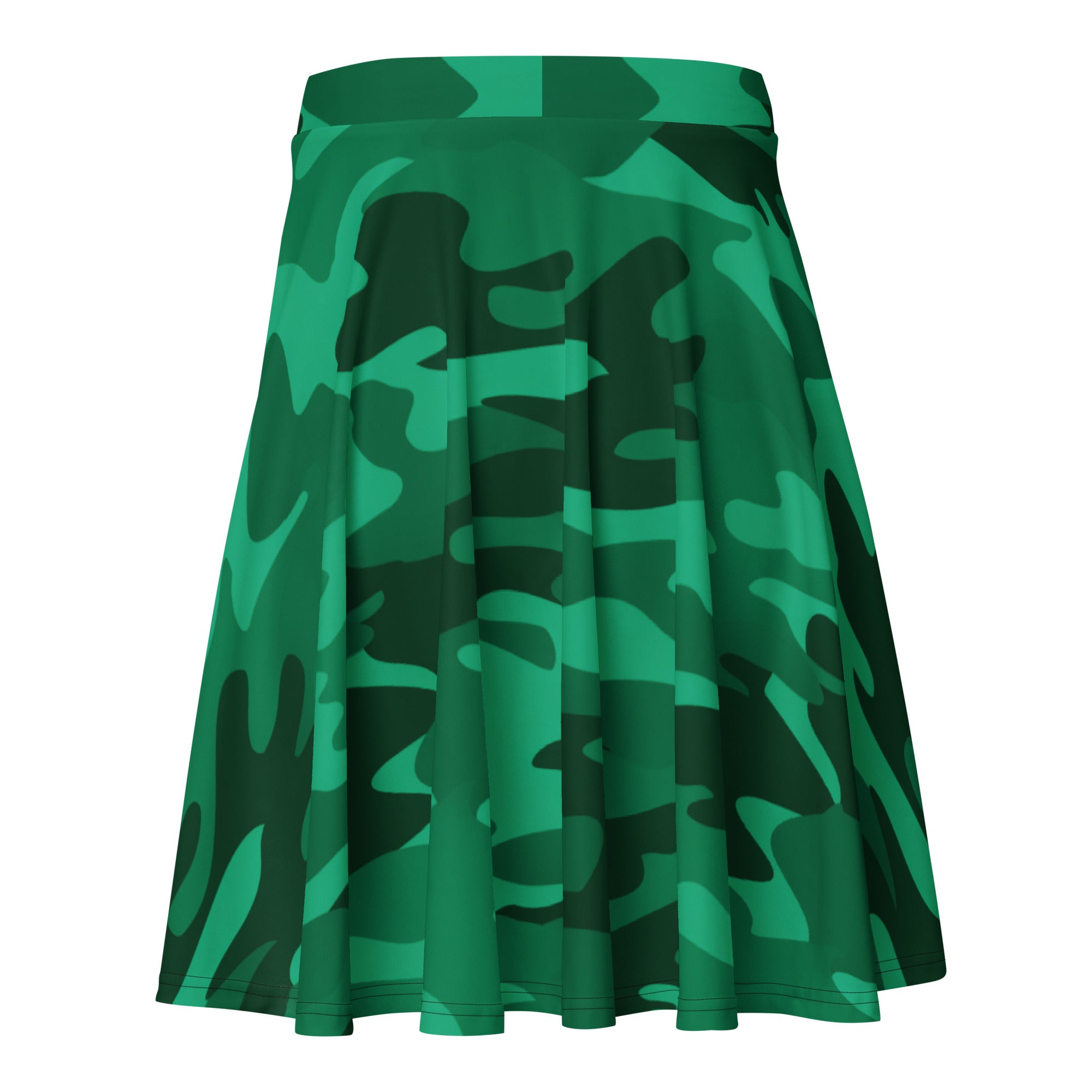 A women’s green camouflage skater skirt with a flared design made from smooth stretchy recycled fabric with upf 50+