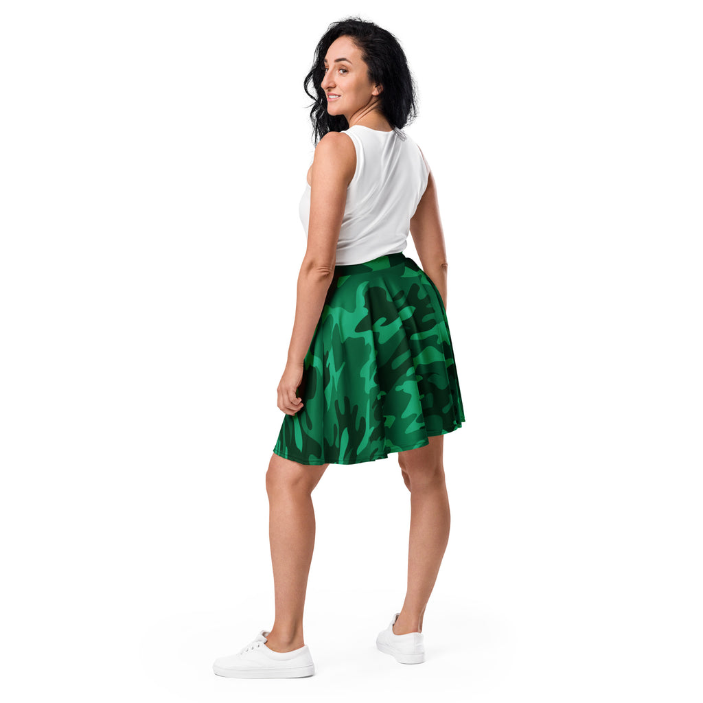 Women’s green camouflage skater skirt with flared flowy design high waisted made from recycled fabric with upf 50+ protection